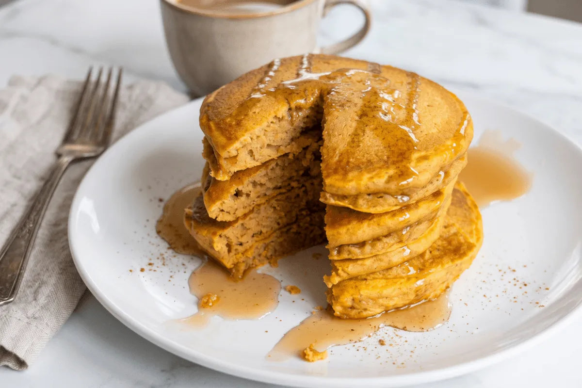 A stack of fluffy pumpkin pancakes with butter and maple syrup, made with Hoosier Hill Farm Buttermilk Powder.