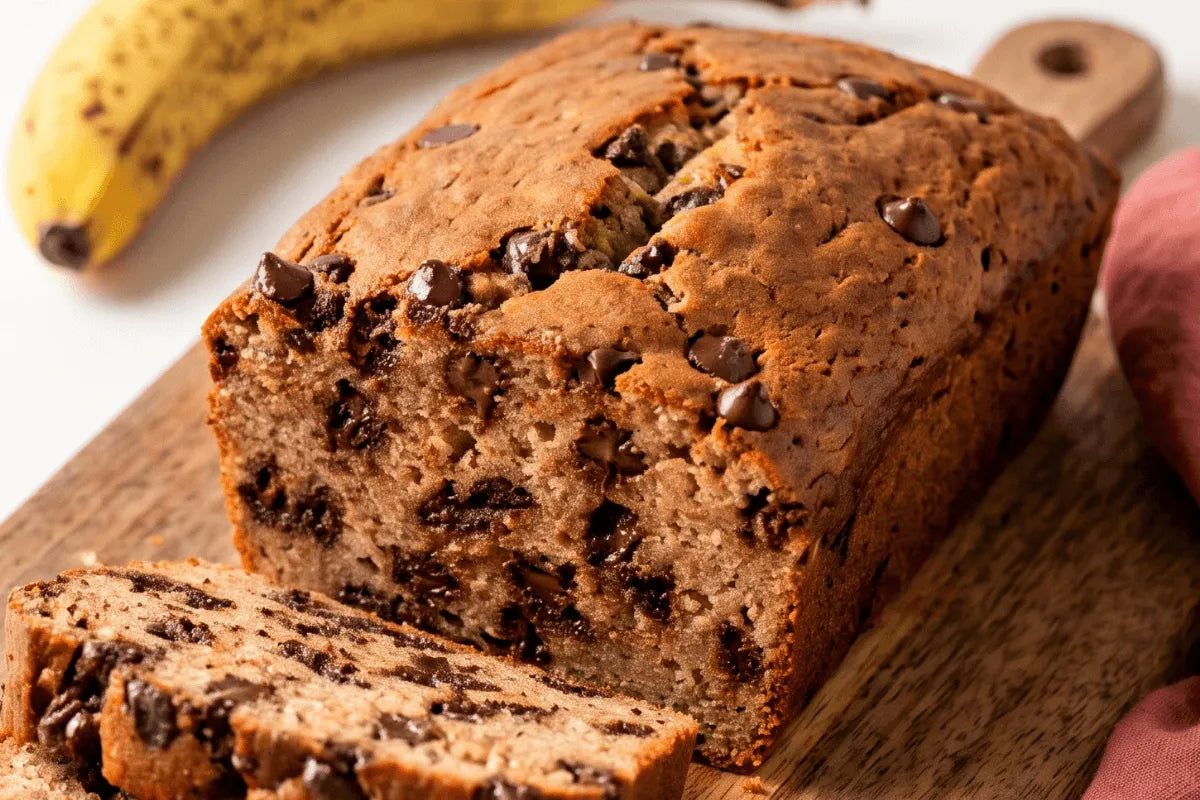 A sliced loaf of high protein chocolate chip banana bread, made with Hoosier Hill Farm egg white powder