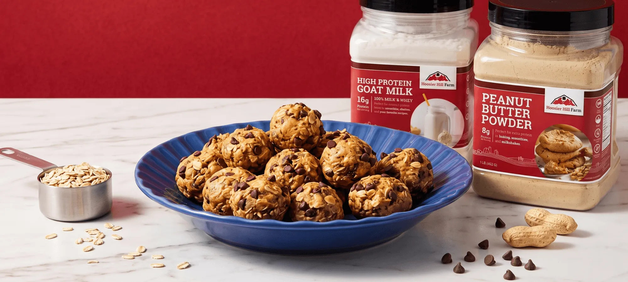 High protein peanut butter bites made with Hoosier Hill Farm goat milk protein and peanut butter powder