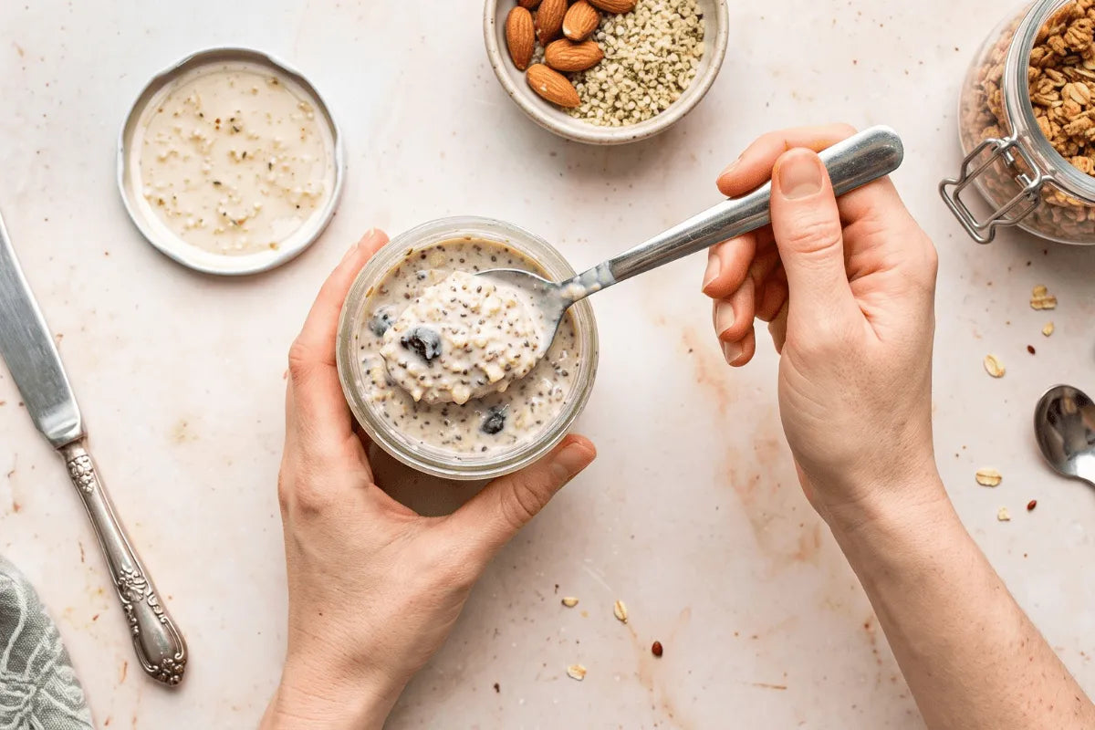 A jar of high protein peanut butter overnight oats made with Hoosier Hill Farm Peanut Butter Powder