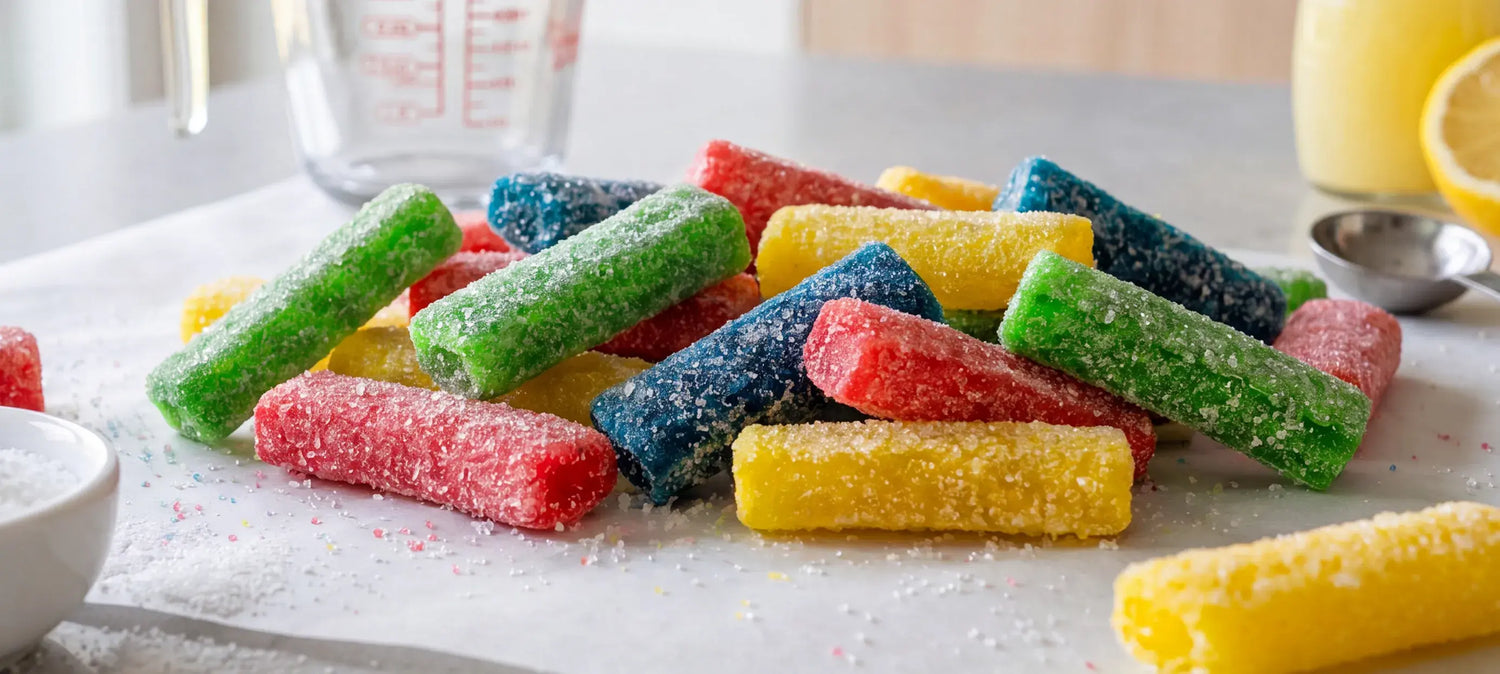 Homemade sour gummies tossed in sour sugar, made with Hoosier Hill Farm Agar Agar Powder and Citric Acid