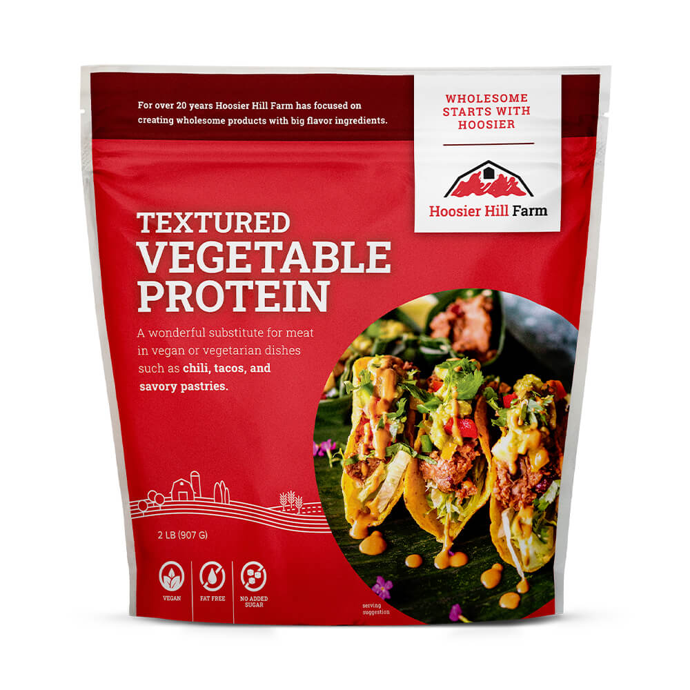 Hoosier Hill Farm Textured Vegetable Protein, front of the 2 lb package