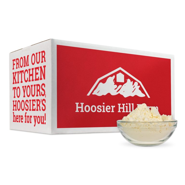 Hoosier Hill cheese box with a bowl of cheese on a white background