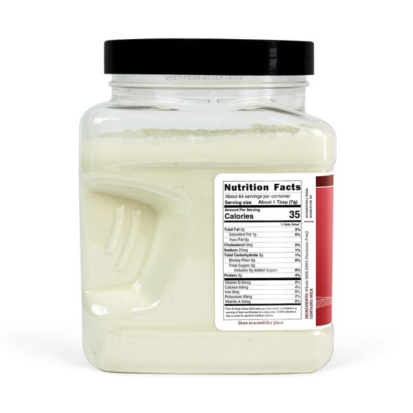 Container of a white powder with a nutrition facts label on a white background