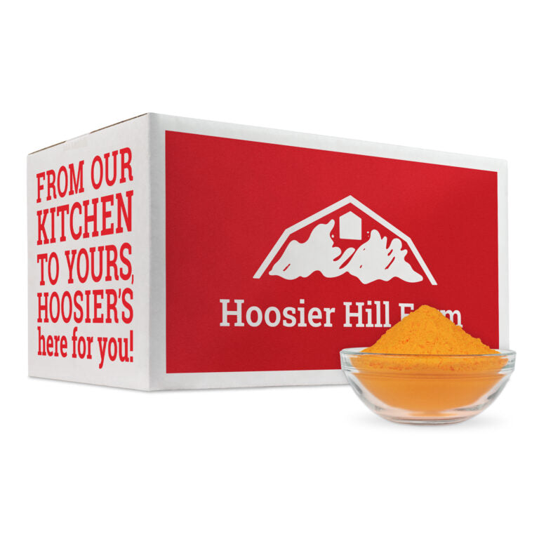 Hoosier Hill Farm product packaging with a bowl of yellow powder on a white background