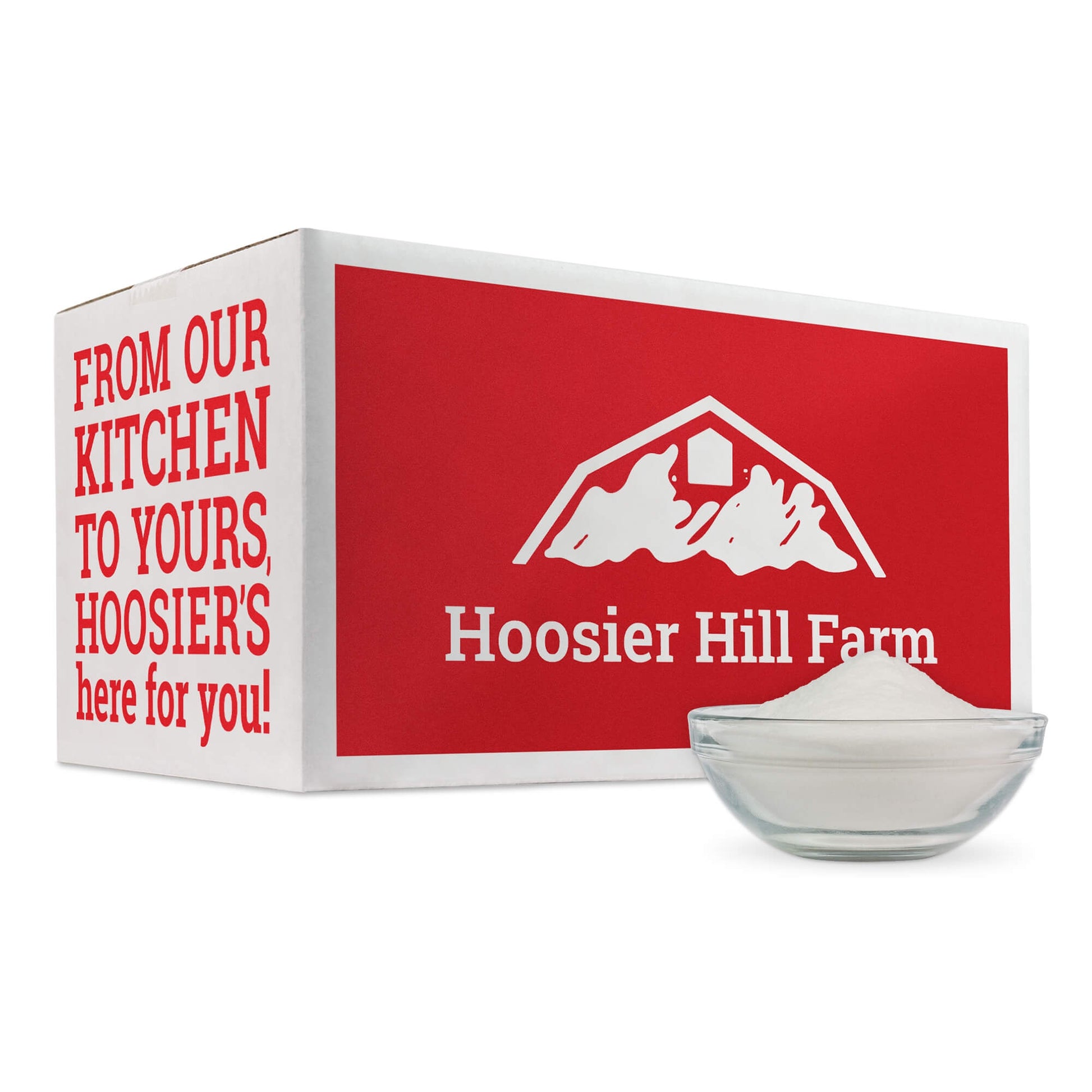Hoosier Hill Farm product packaging with a bowl of cream in front on a white background
