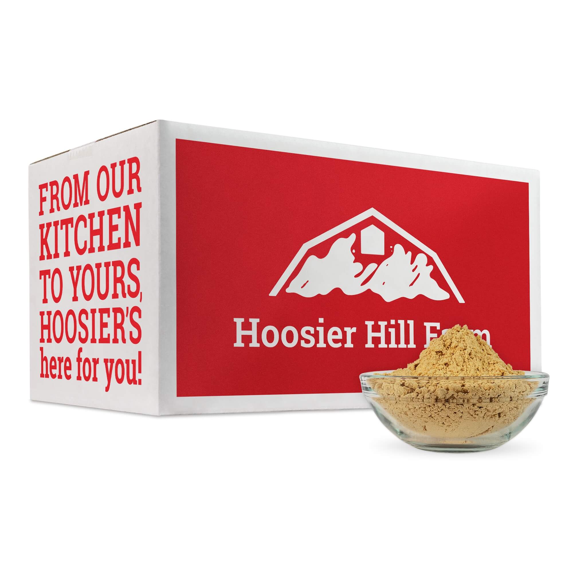 Hoosier Hill Farm product with a red box and white text on a white background