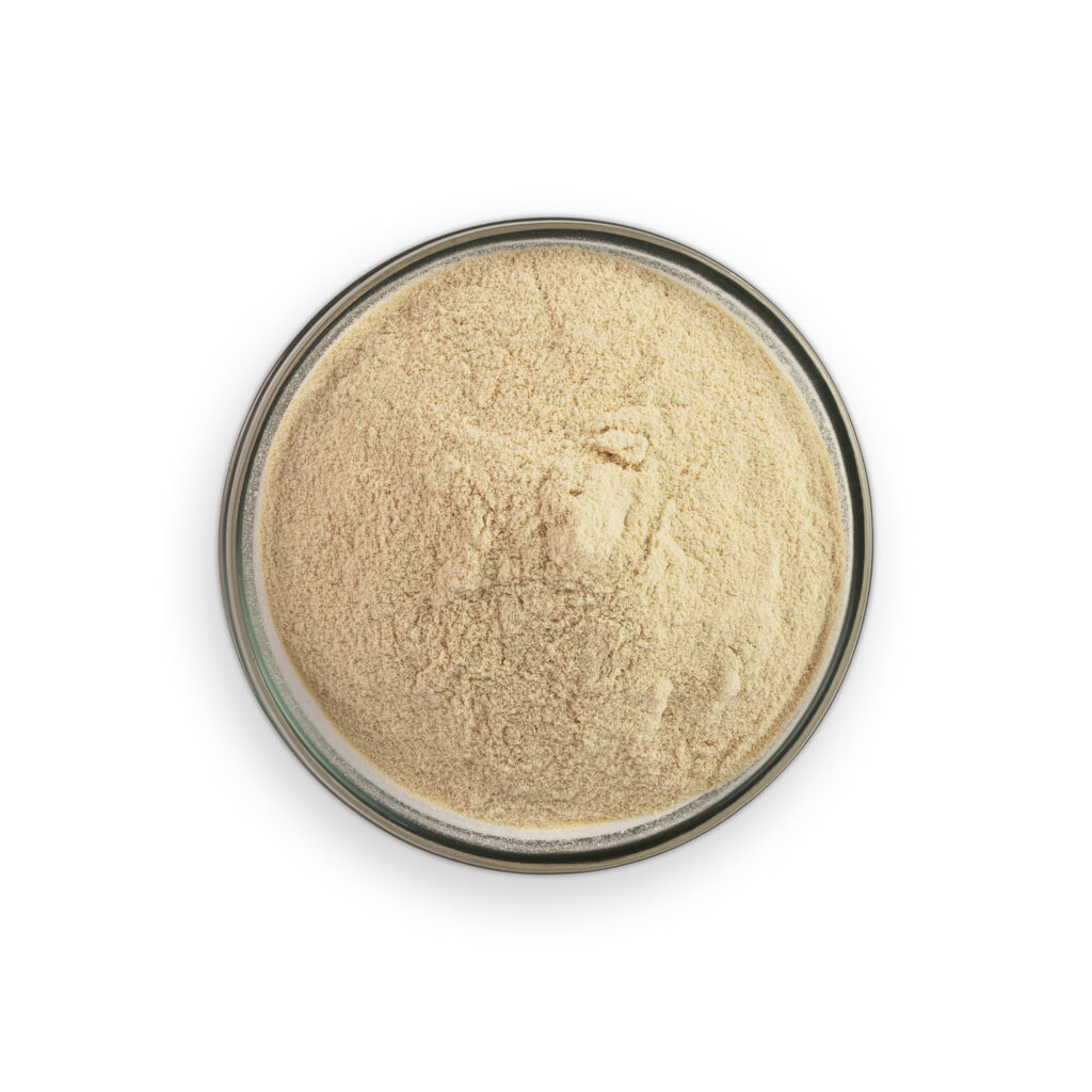 Beige powder in a glass container on a white background