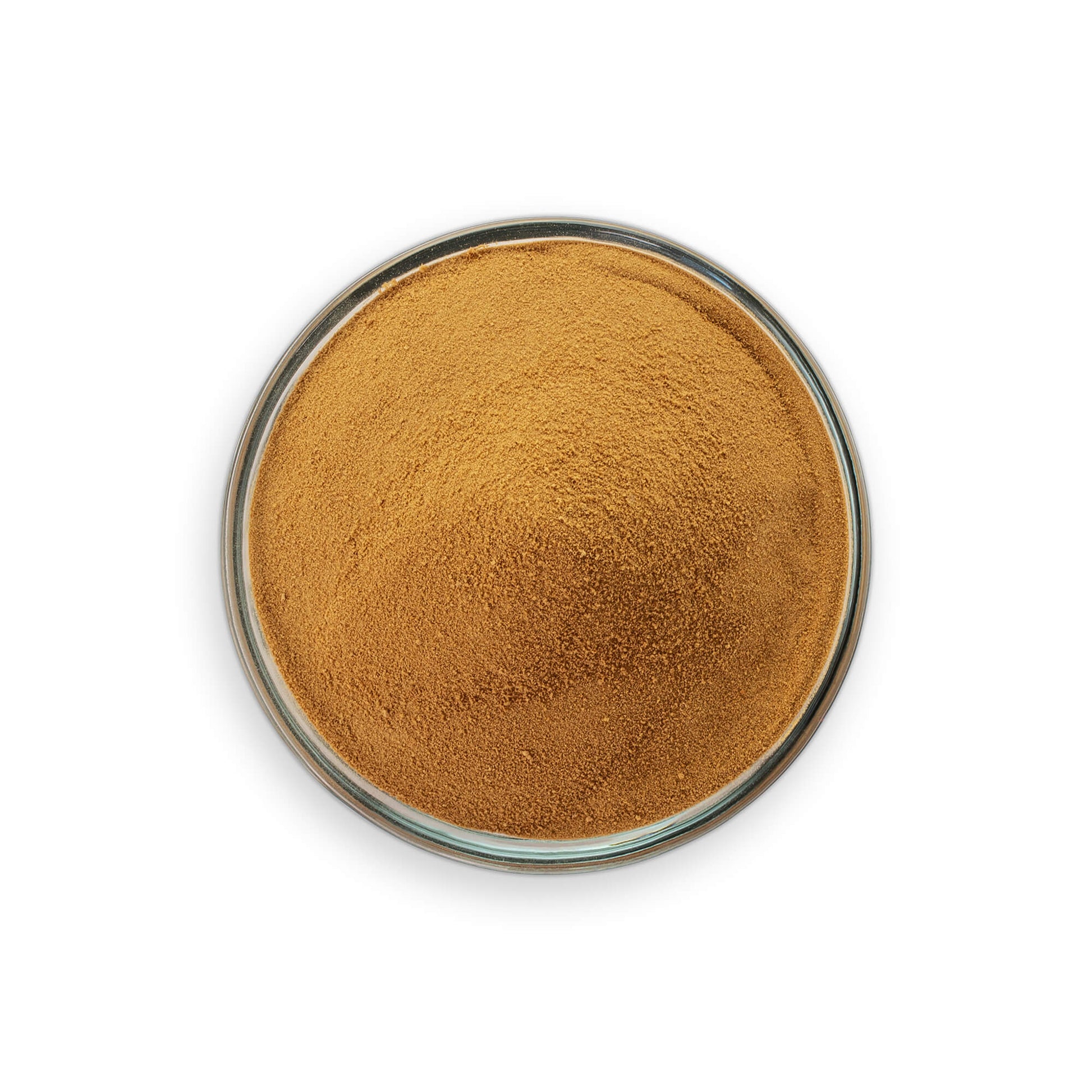Brown powder in a glass bowl on a white background