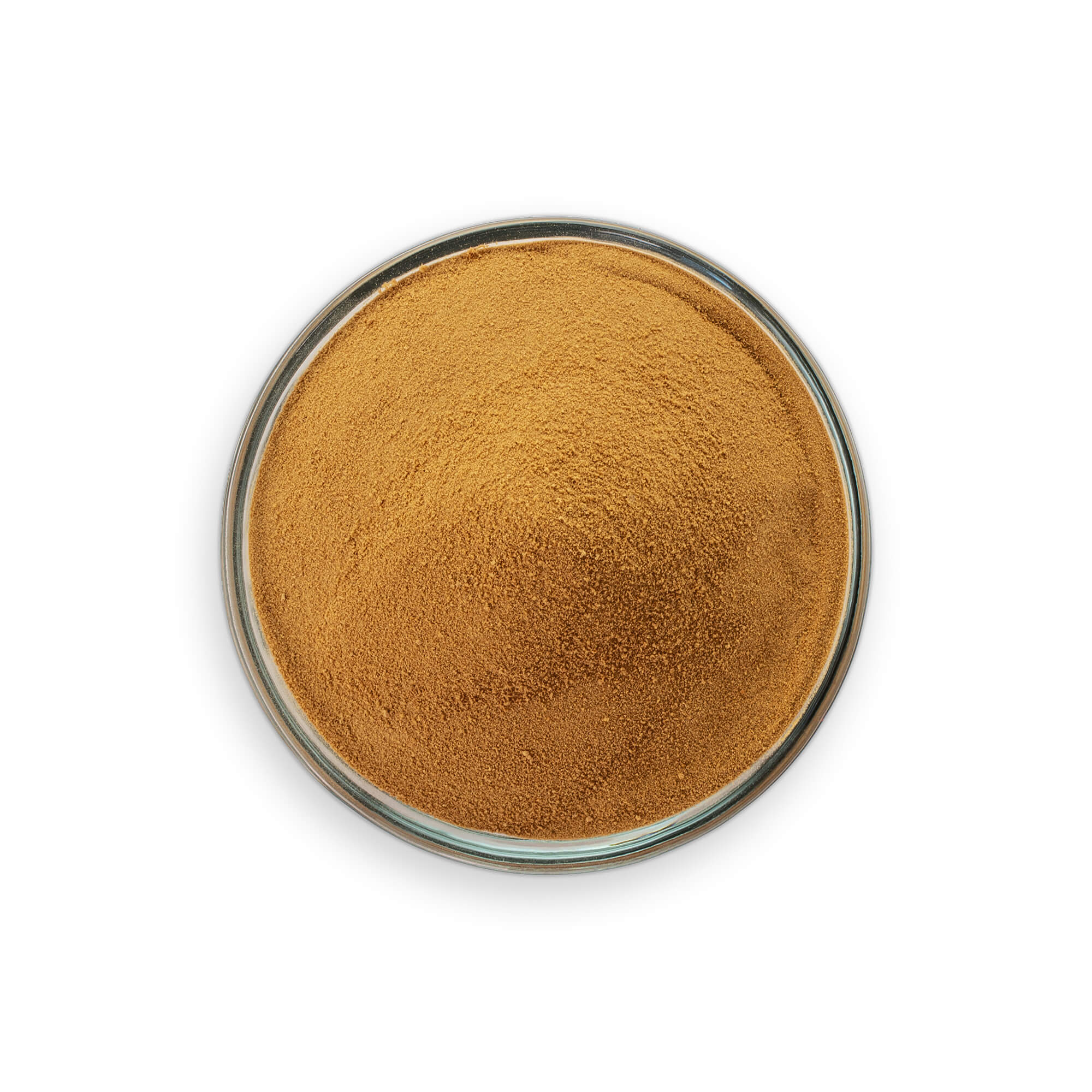 Brown powder in a glass bowl on a white background