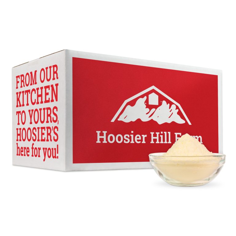 Hoosier Hill Farm product packaging with a red and white design and a bowl of cream cheese.