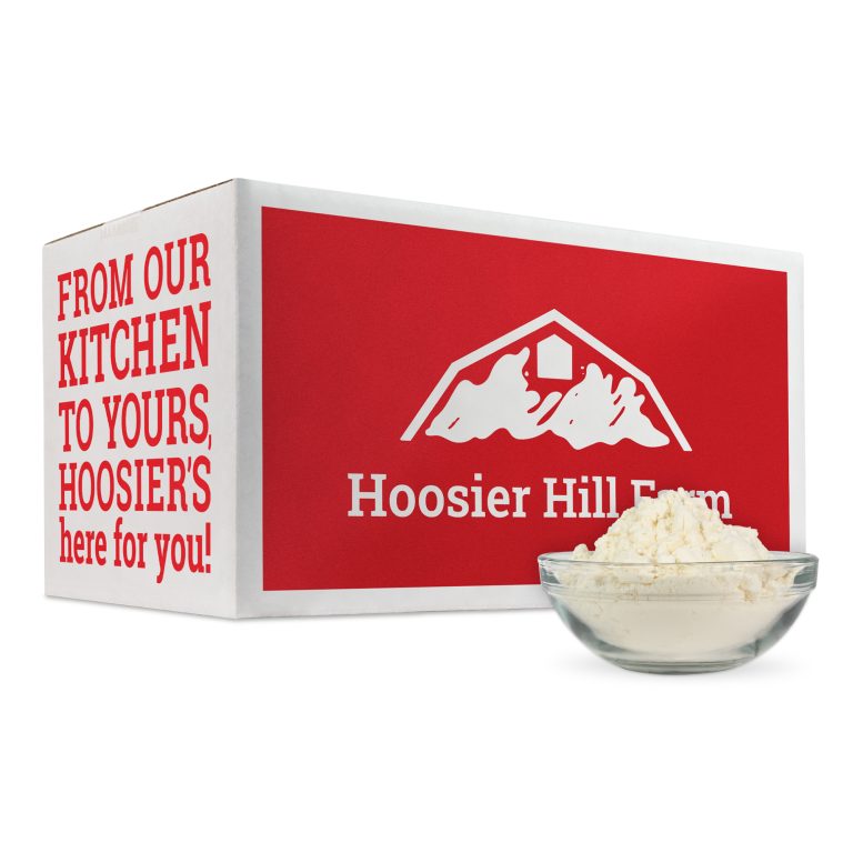 Hoosier Hill Farm product packaging with a bowl of cheese on a white background