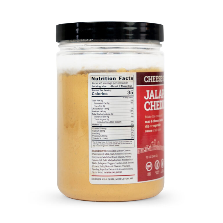 Hoosier Hill Farm Jalapeño Cheddar Cheese Sauce Mix, left side view of the 12 oz jar