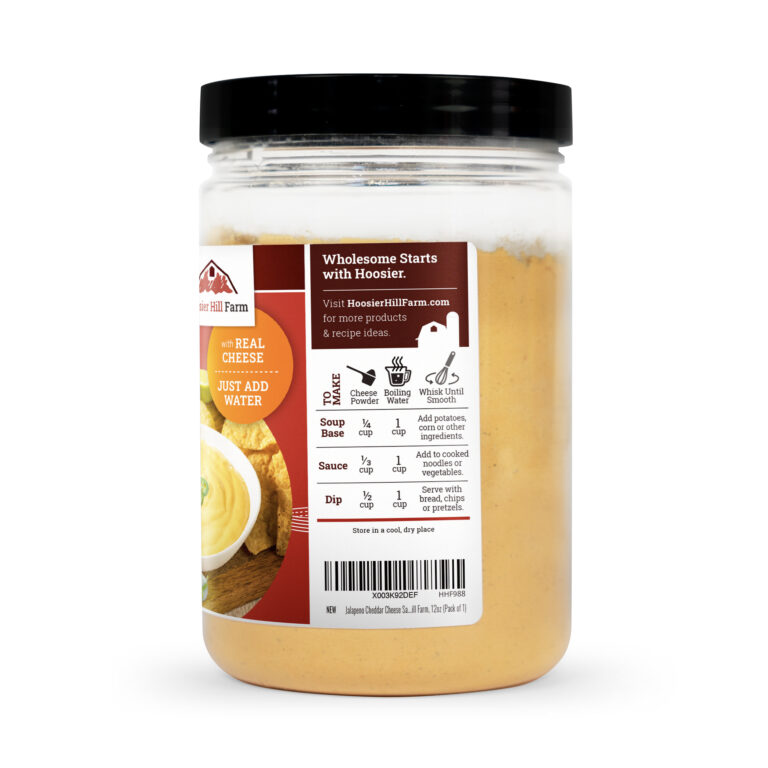 Hoosier Hill Farm Jalapeño Cheddar Cheese Sauce Mix, right side view of the 12 oz jar