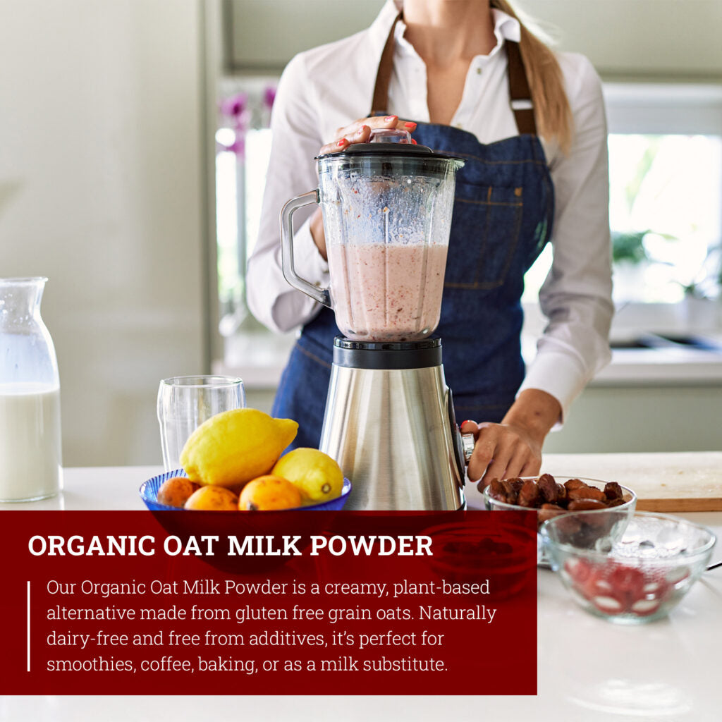 Hoosier Hill Farm Organic Oat Milk Powder, lifestyle photo in a kitchen setting