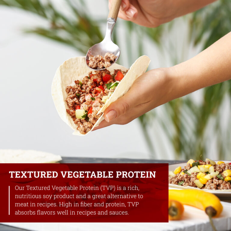 Hoosier Hill Farm Textured Vegetable Protein, lifestyle photo in a kitchen setting