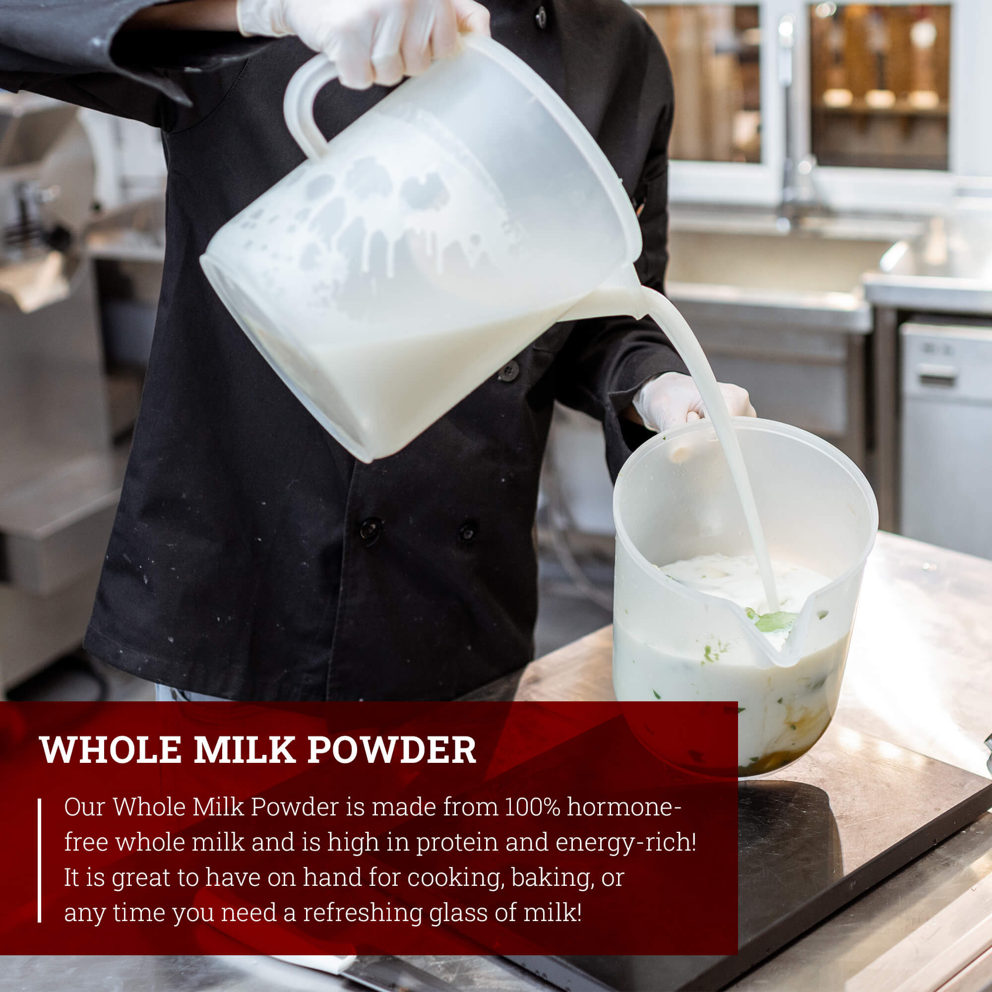 Hoosier Hill Farm Whole Milk Powder, lifestyle photo in a kitchen setting