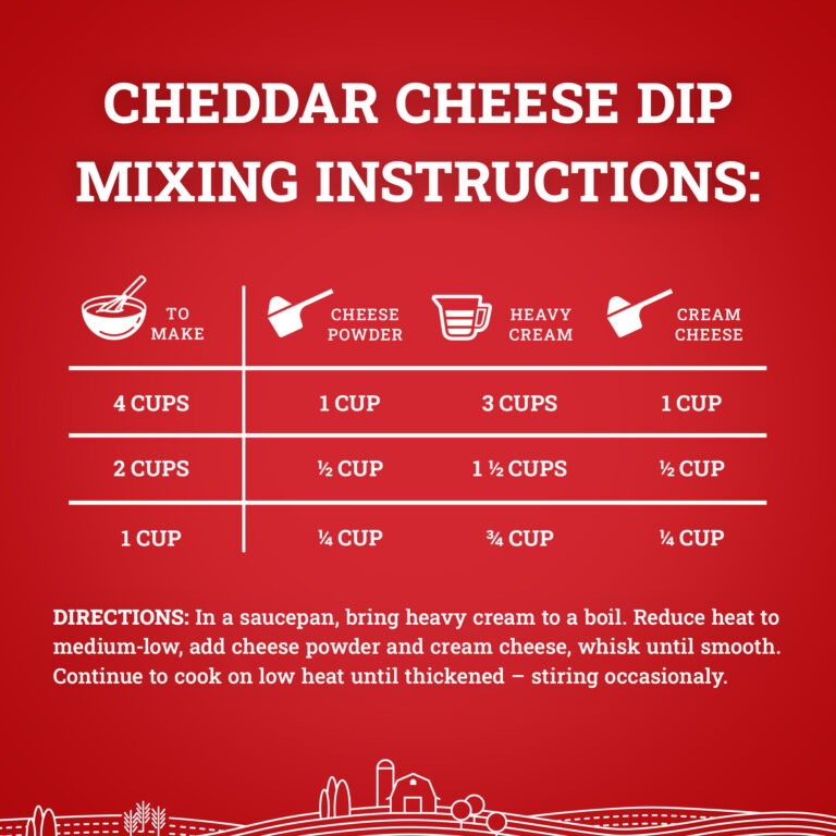 Hoosier Hill Farm Cheddar Cheese Powder, mixing instructions infographic