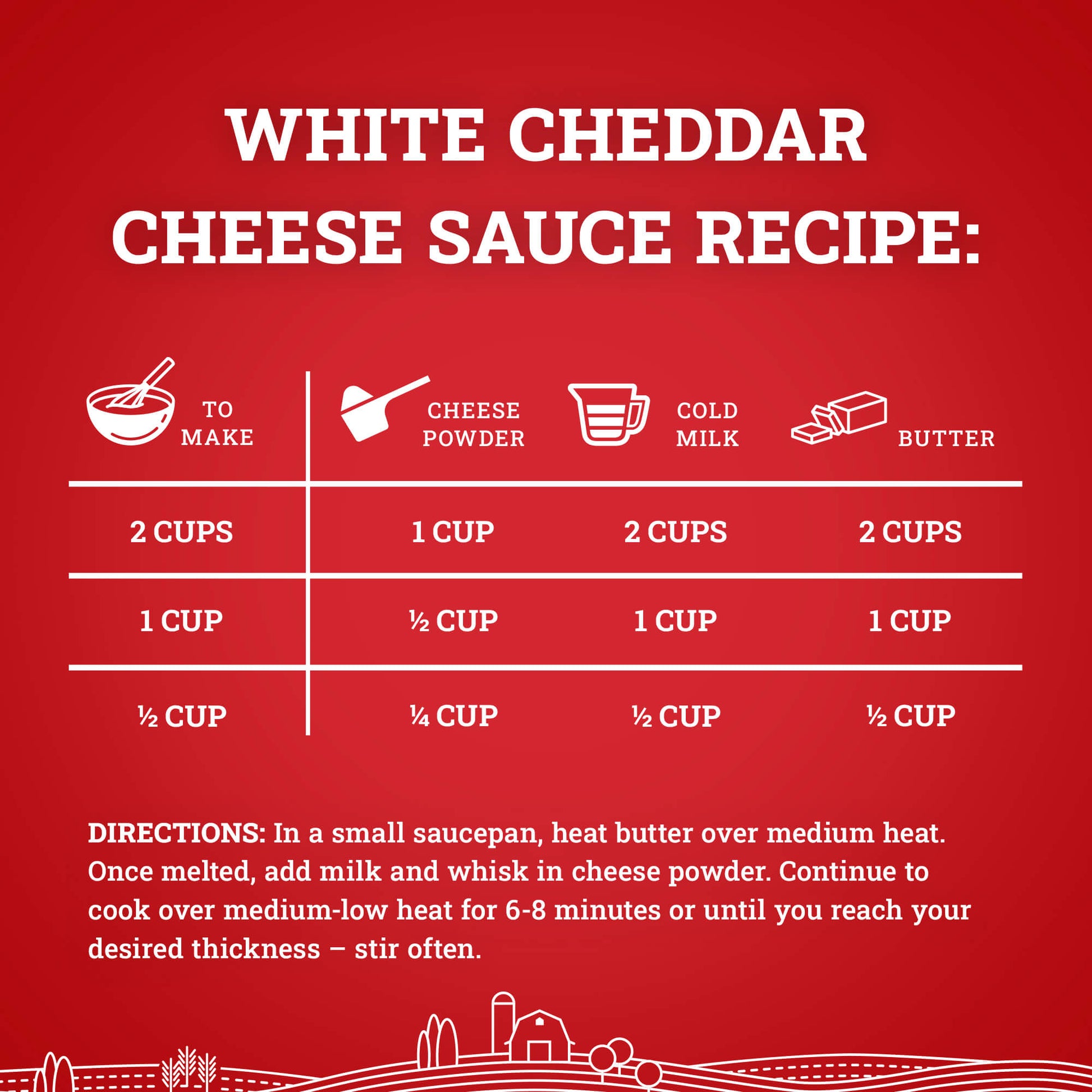 Hoosier Hill Farm White Cheddar Cheese Powder, mixing instructions infographic