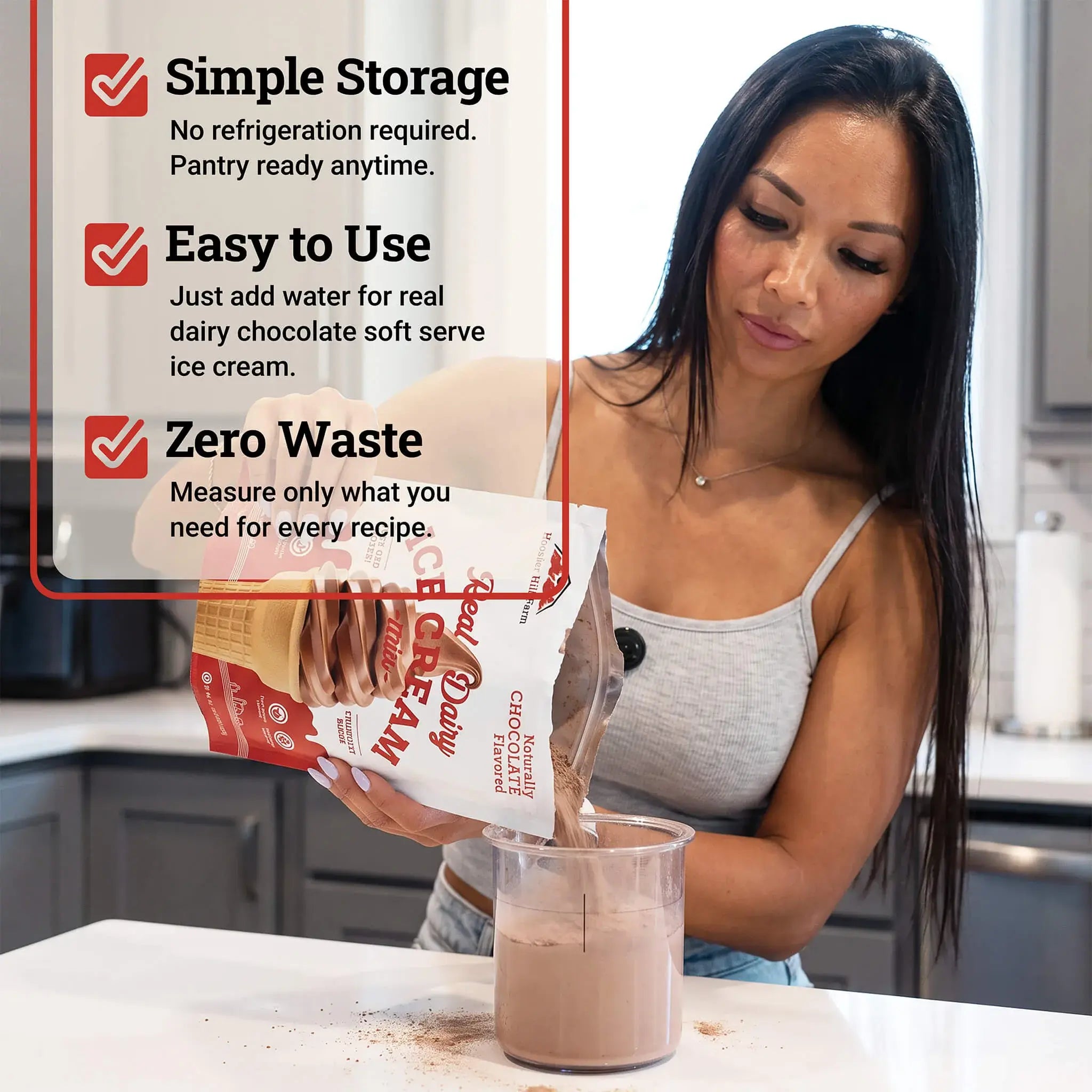 A woman in a kitchen pours chocolate powder from a bag labeled Good Dairy Chocolate Powder into a measuring cup. Text callouts on the left highlight simple storage, easy to use, and zero waste benefits.