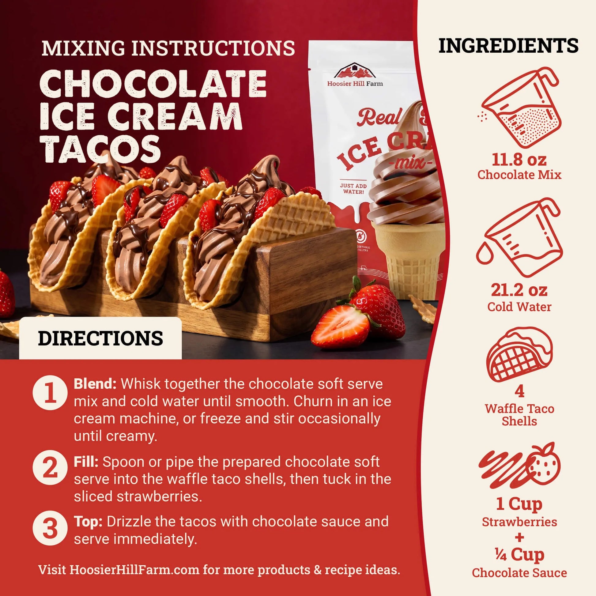 Instructional graphic for making chocolate ice cream tacos, showing prepared tacos with strawberries, a bag of Hoosier Hill Farm chocolate ice cream, and ingredient callouts on a red and white layout.