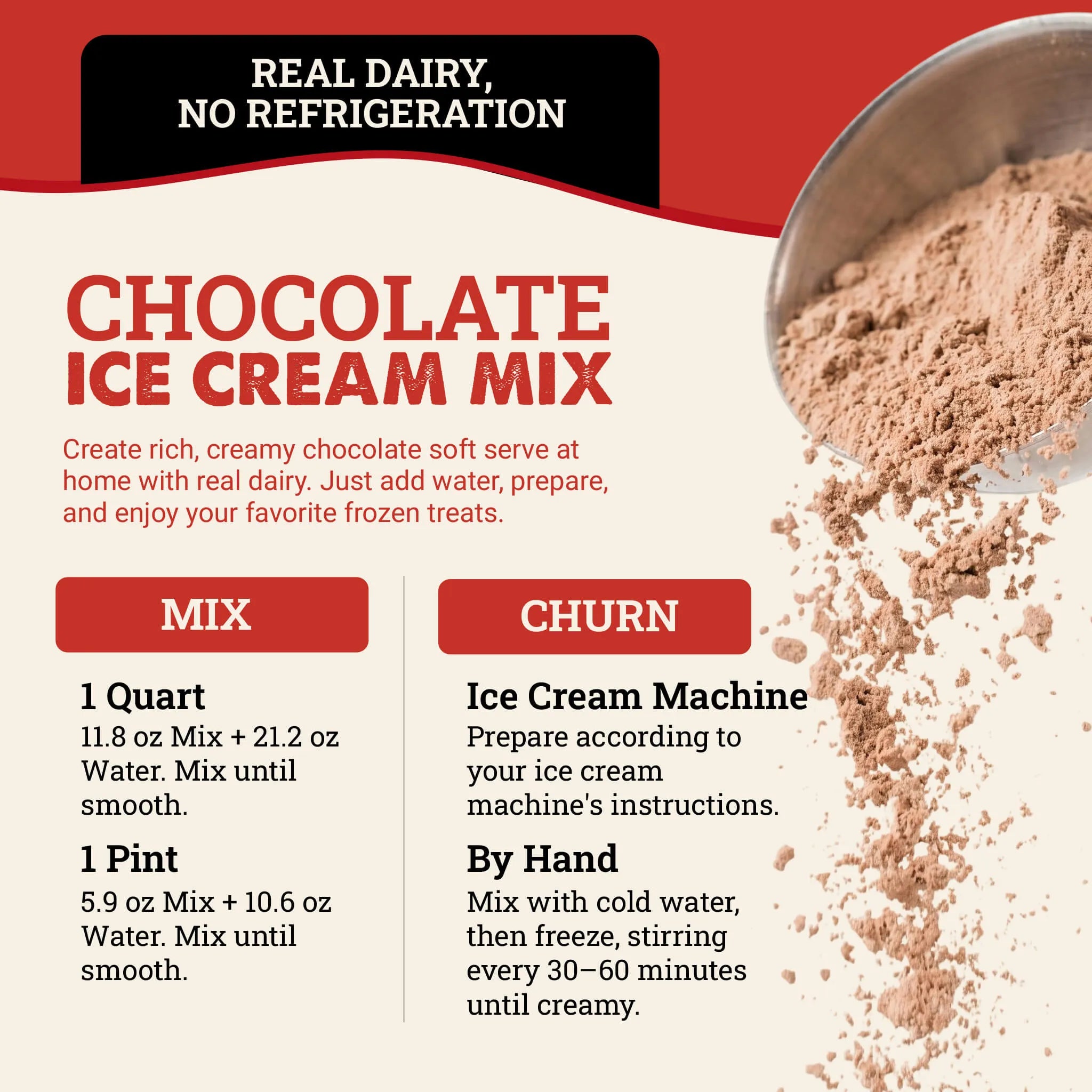 Instructional graphic for chocolate ice cream mix showing a bowl of powder being poured onto a surface, with text detailing how to mix and churn the chocolate soft serve. Includes sections for Mix and Churn with measurements and directions.
