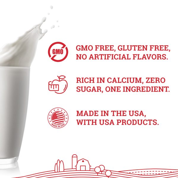 Milk being poured into a glass with text highlighting GMO-free, gluten-free, and other attributes on a white background.