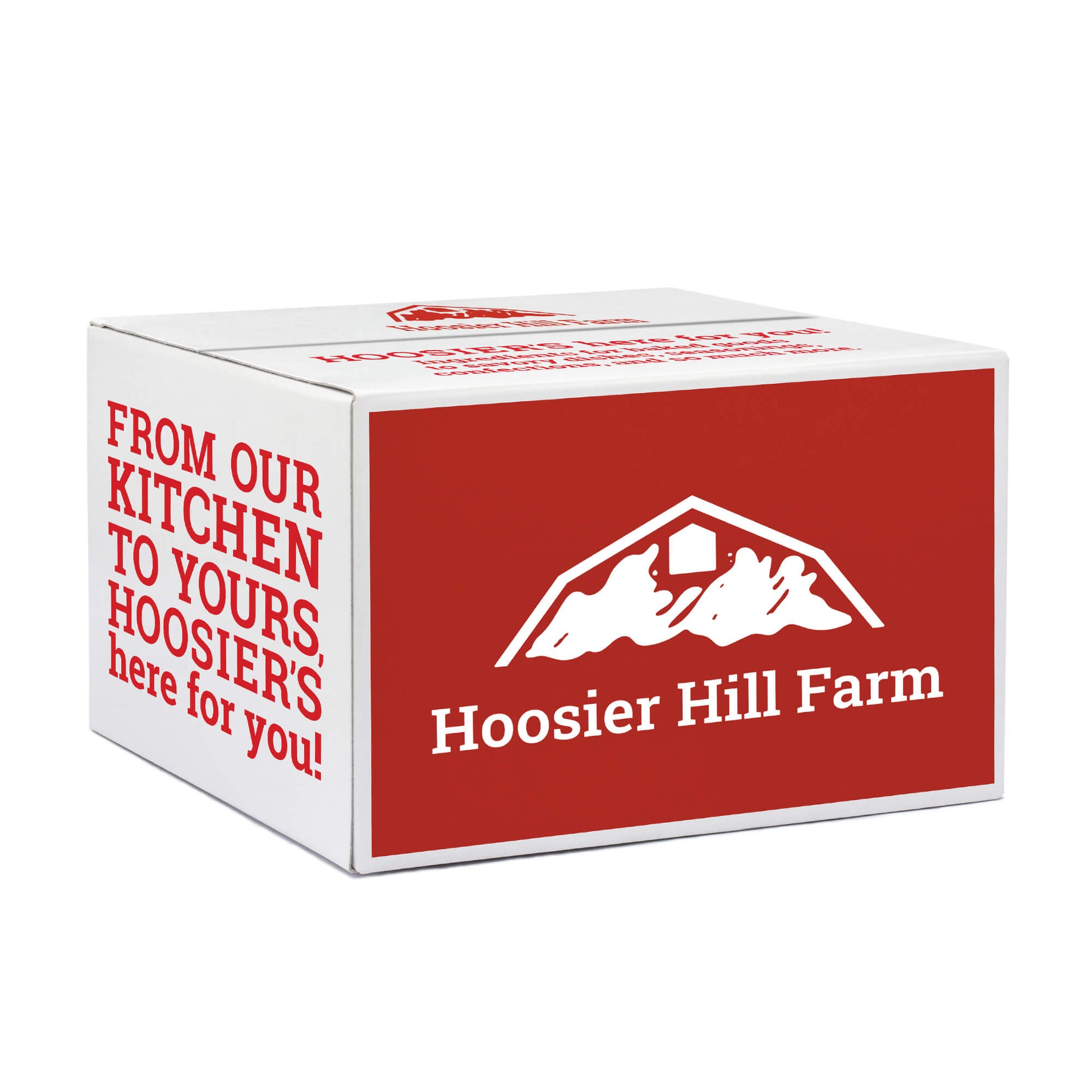 Hoosier Hill Farm product packaging with red and white design on a white background
