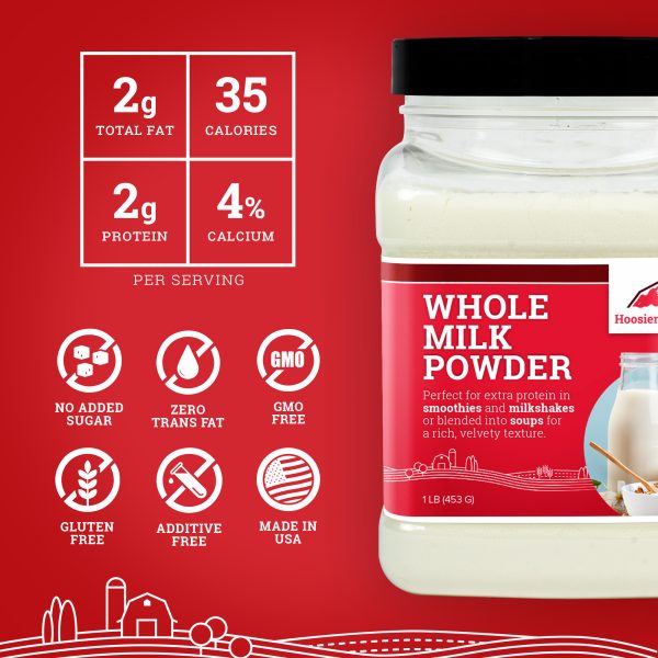 Container of whole milk powder with nutritional information and product details on a red background