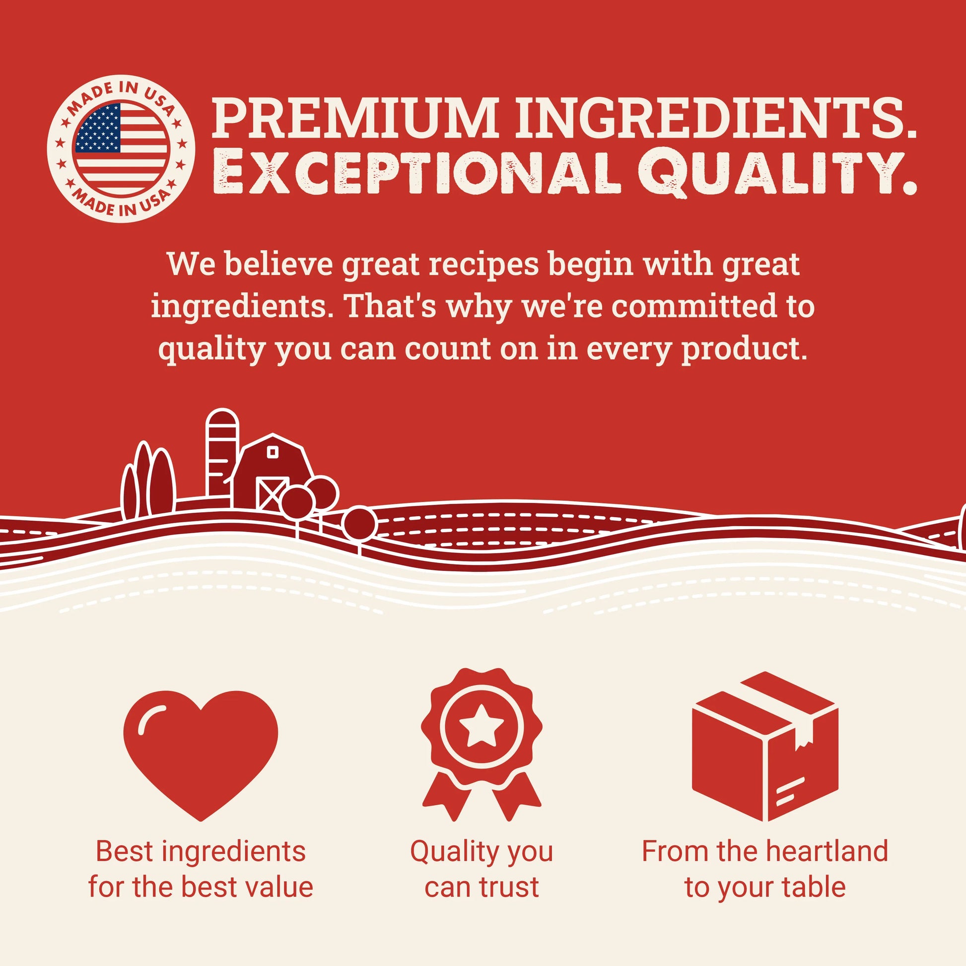 A promotional graphic with a red and cream background featuring the text 'PREMIUM INGREDIENTS. EXCEPTIONAL QUALITY.