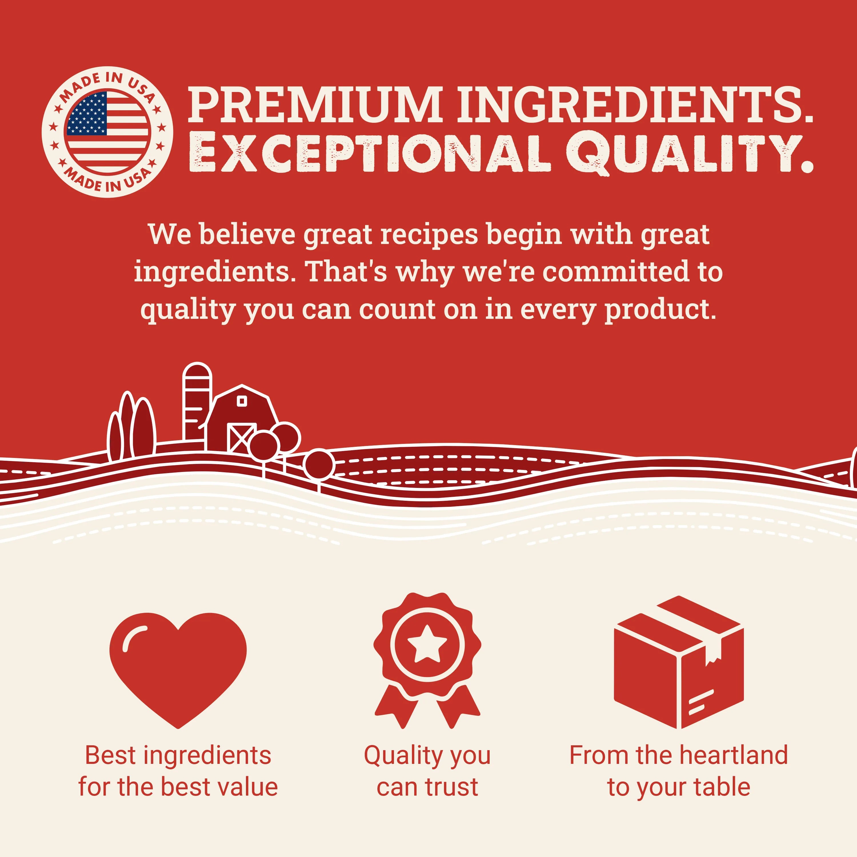 A promotional graphic with a red and cream background featuring the text 'PREMIUM INGREDIENTS. EXCEPTIONAL QUALITY.