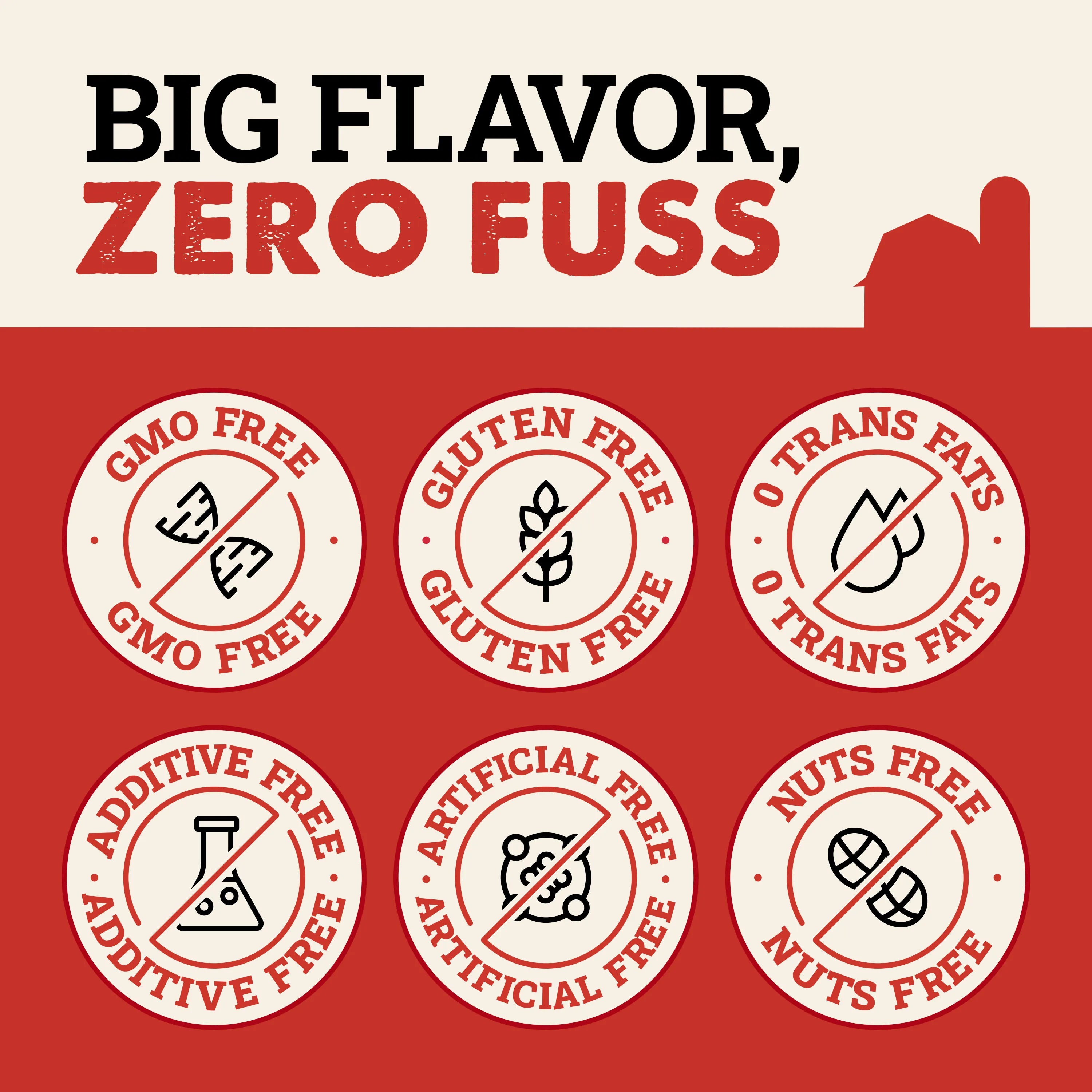 A promotional graphic with the text 'BIG FLAVOR, ZERO FUSS' above six circular badges reading GMO Free, Gluten Free, 0 Trans Fats, Additive Free, Artificial Free, and Nuts Free on a red and cream background.