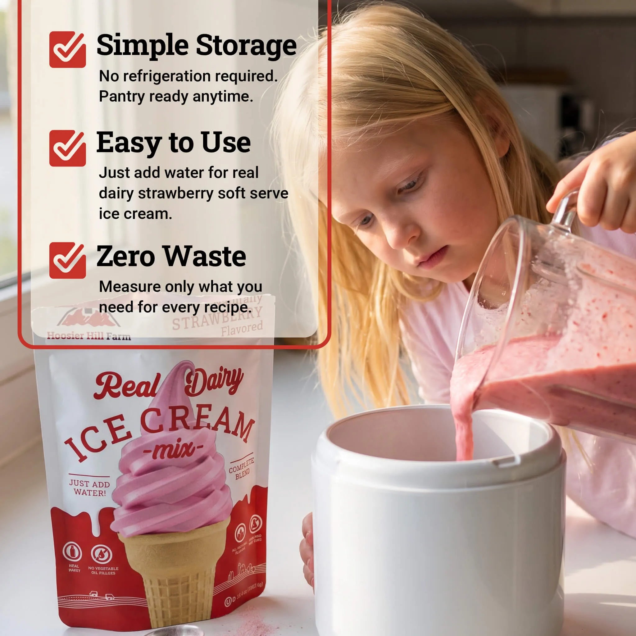 A package of strawberry ice cream mix is shown next to a young girl pouring pink strawberry smoothie into a white blender container, with text callouts about simple storage, easy to use, and zero waste.