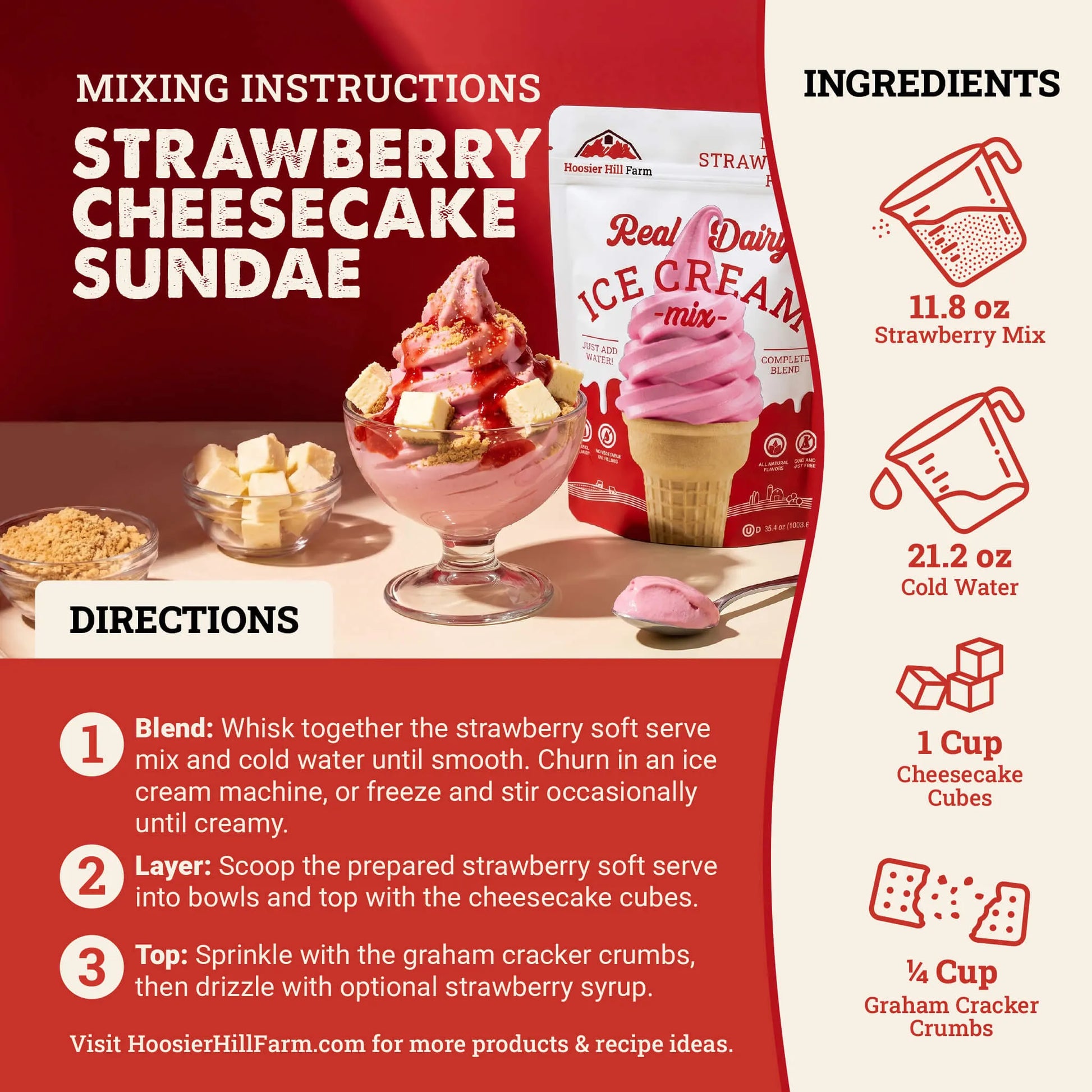 Instructional graphic for making a strawberry cheesecake sundae featuring a prepared dessert, a bag of Hoosier Hill Farm Real Dairy Ice Cream Mix, and ingredient callouts on a red and cream background.