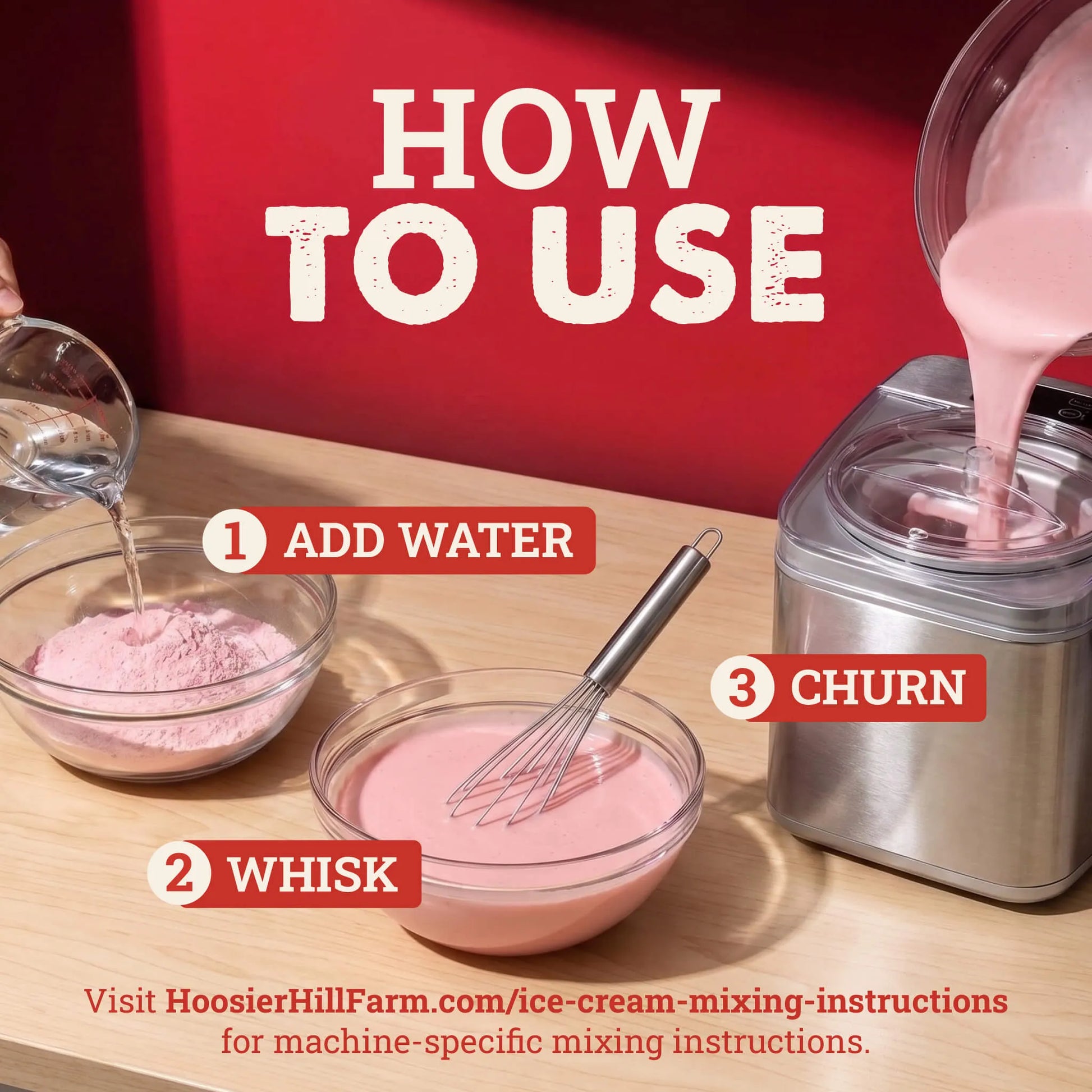 Instructional graphic showing how to use an ice cream mixing machine. Large text reads 'HOW TO USE' above steps: adding water, whisking, and churning.