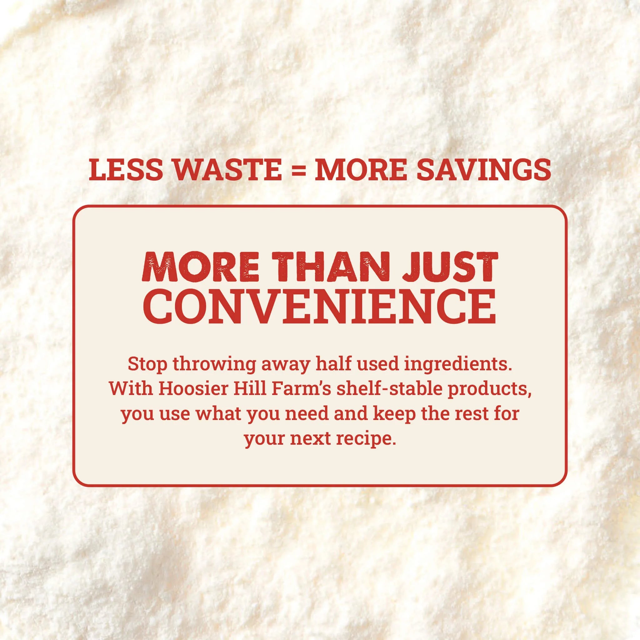 A promotional graphic with a textured off-white background and red text reading 'LESS WASTE = MORE SAVINGS' and 'MORE THAN JUST CONVENIENCE,' plus smaller text about using ingredients wisely. No physical product is shown.