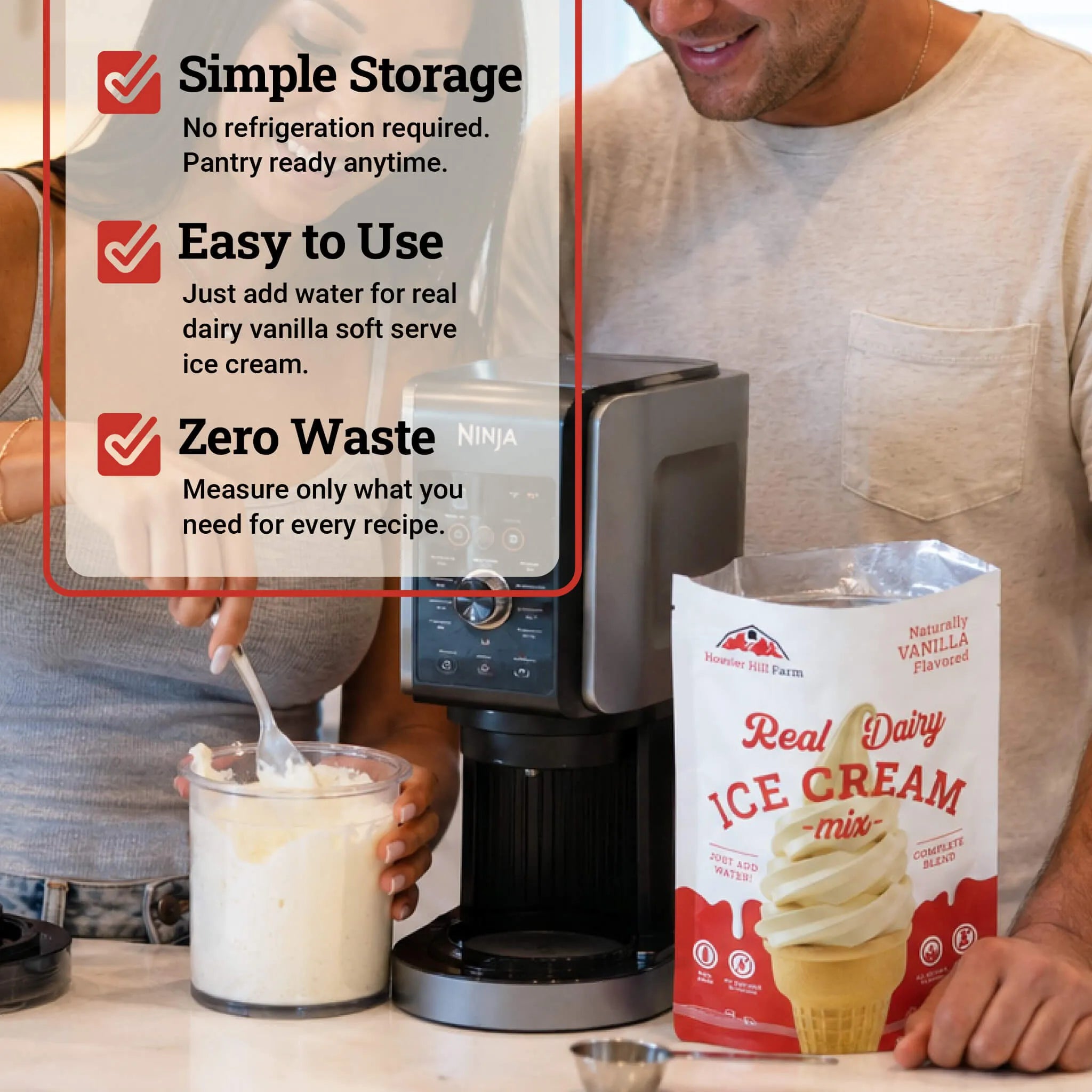 A man and woman demonstrate a Ninja soft-serve ice cream maker in a kitchen setting. The image includes a text overlay highlighting key features: 'Simple Storage', 'Easy to Use', and 'Zero Waste'.