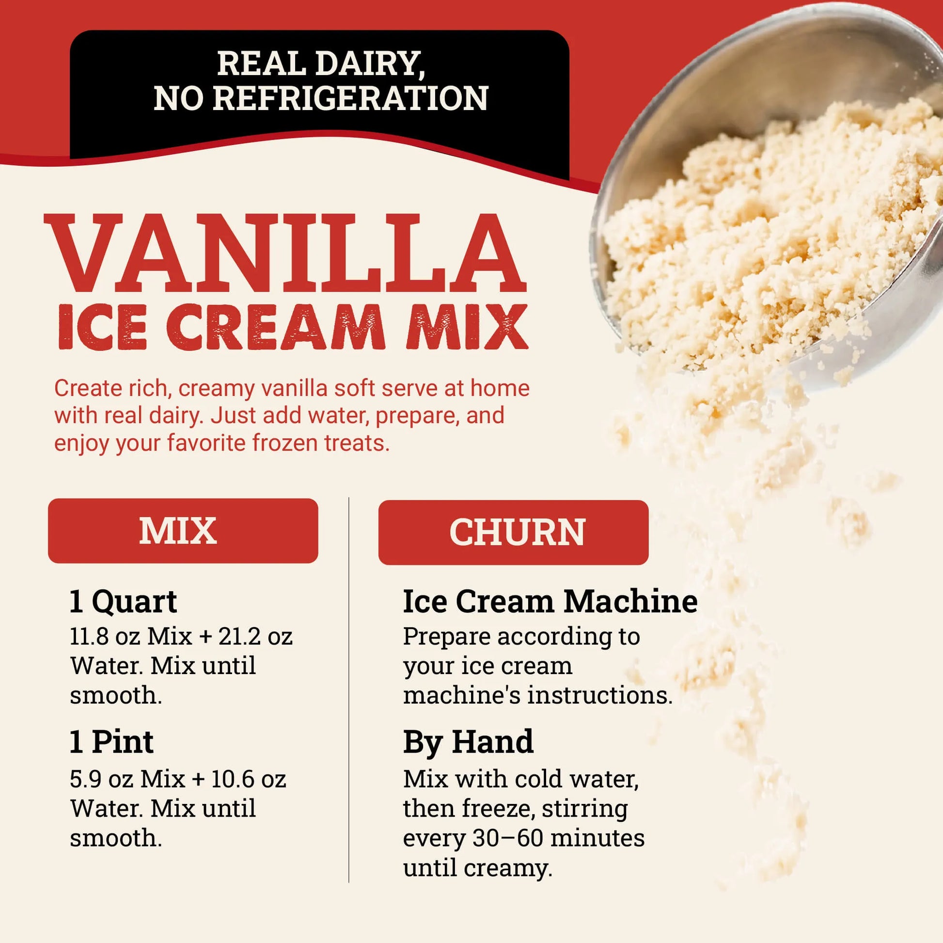 Instructional graphic for vanilla ice cream mix showing text instructions for mixing and churning, alongside a photo of pale vanilla ice cream in a metal scoop. The design has a cream background with red and black text blocks.