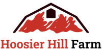 Hoosier Hill Farm logo with a red barn silhouette on a white background