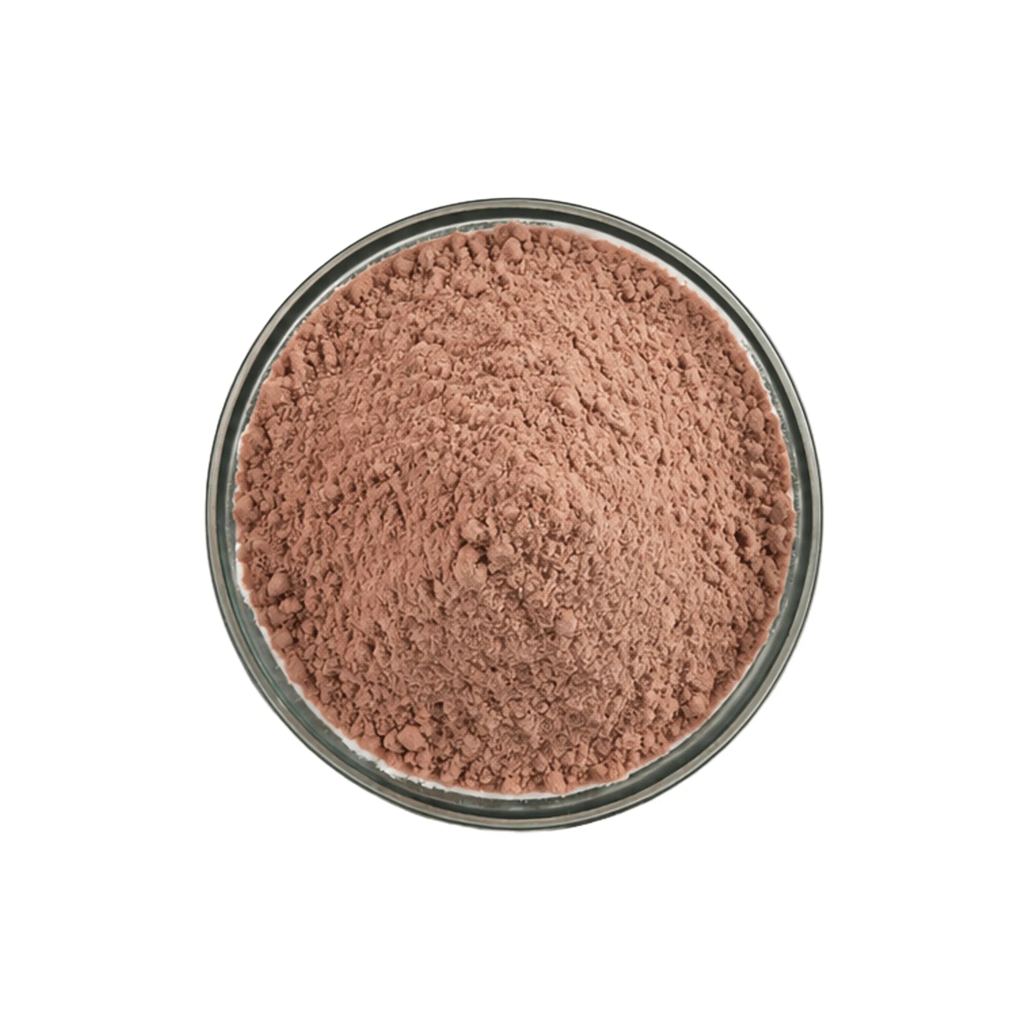A top-down view of a fine brownish-pink powder piled in a clear round container against a solid white background.