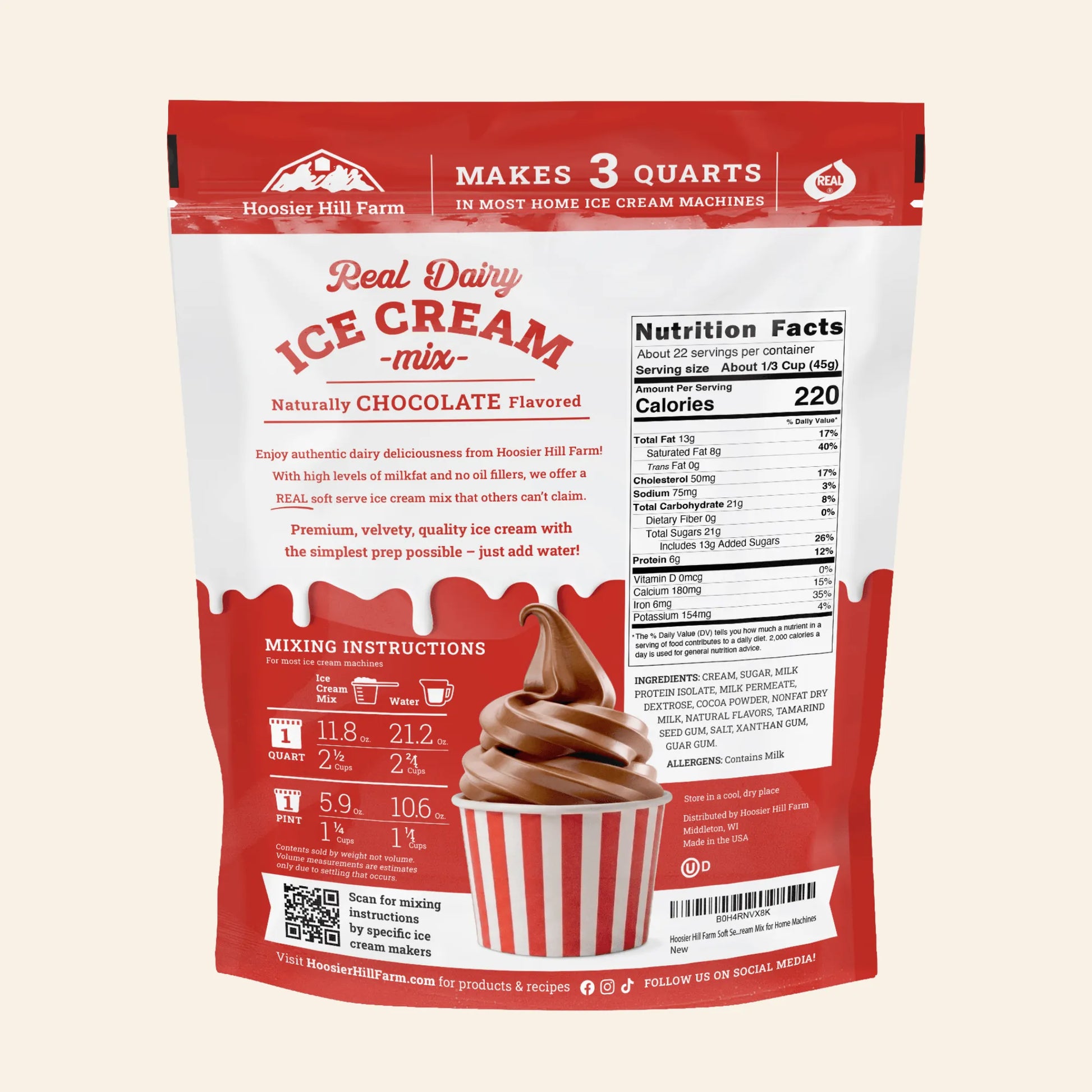 A stand-up pouch of Hooper Hill Farm Real Dairy Ice Cream mix, chocolate flavored, shown against a light beige background. The package is red and white with a large illustration of a chocolate swirl in a red-and-white striped cup on the front, alongside product information, mixing instructions, and nutrition facts.