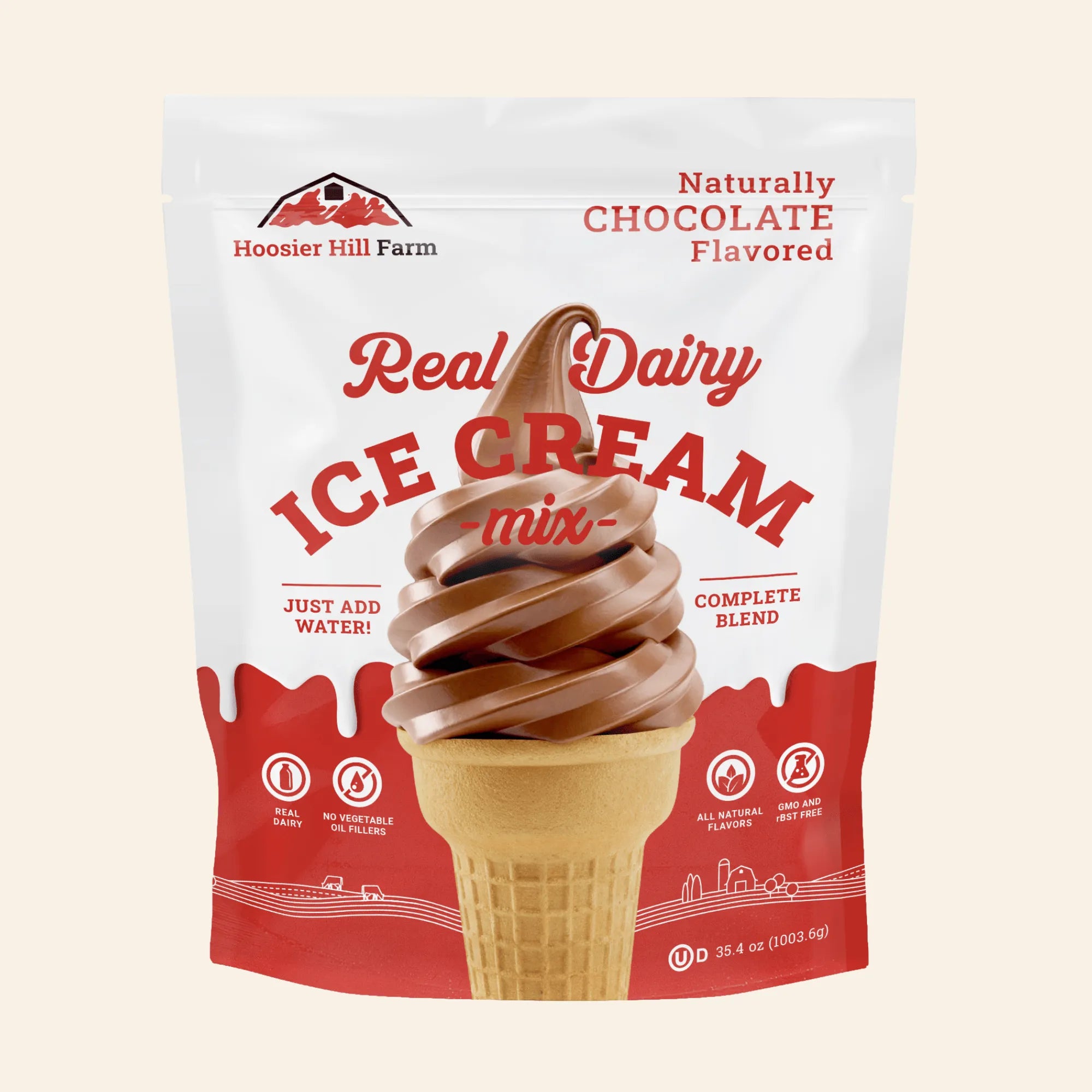 A 38.4 oz bag of Hoosier Hill Farm Real Dairy Ice Cream Mix, chocolate flavored.
