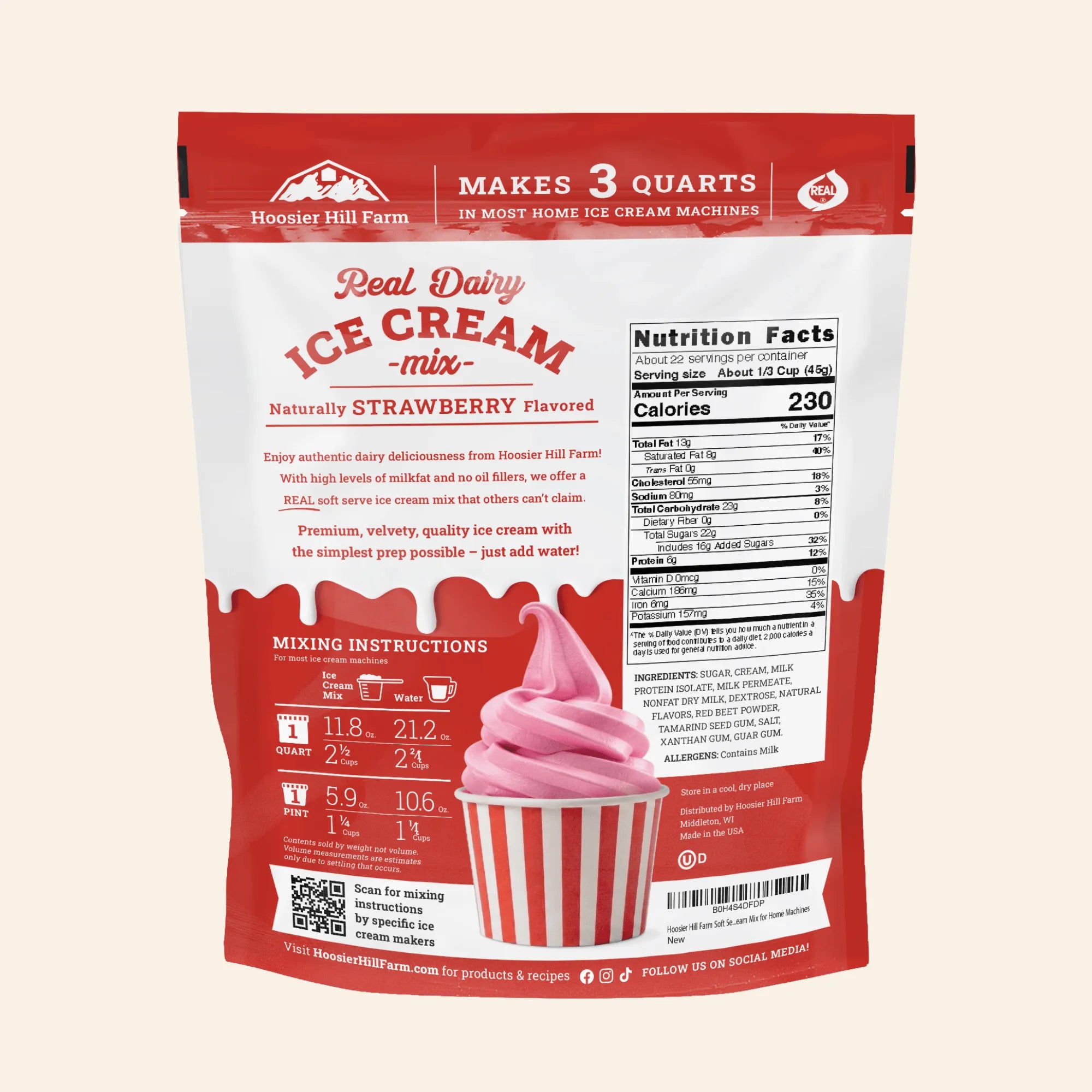 A stand-up pouch of Hoosier Hill Farm Real Dairy Ice Cream mix, strawberry flavored, with a red and white design showing product information, mixing instructions, and a cupcake illustration on a light beige background.