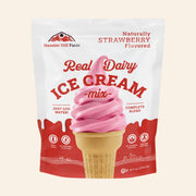 A stand-up pouch of Hoosier Hill Farm Real Dairy Ice Cream mix, strawberry flavored, with a pink swirl ice cream cone graphic on a white and red package against a light beige background.