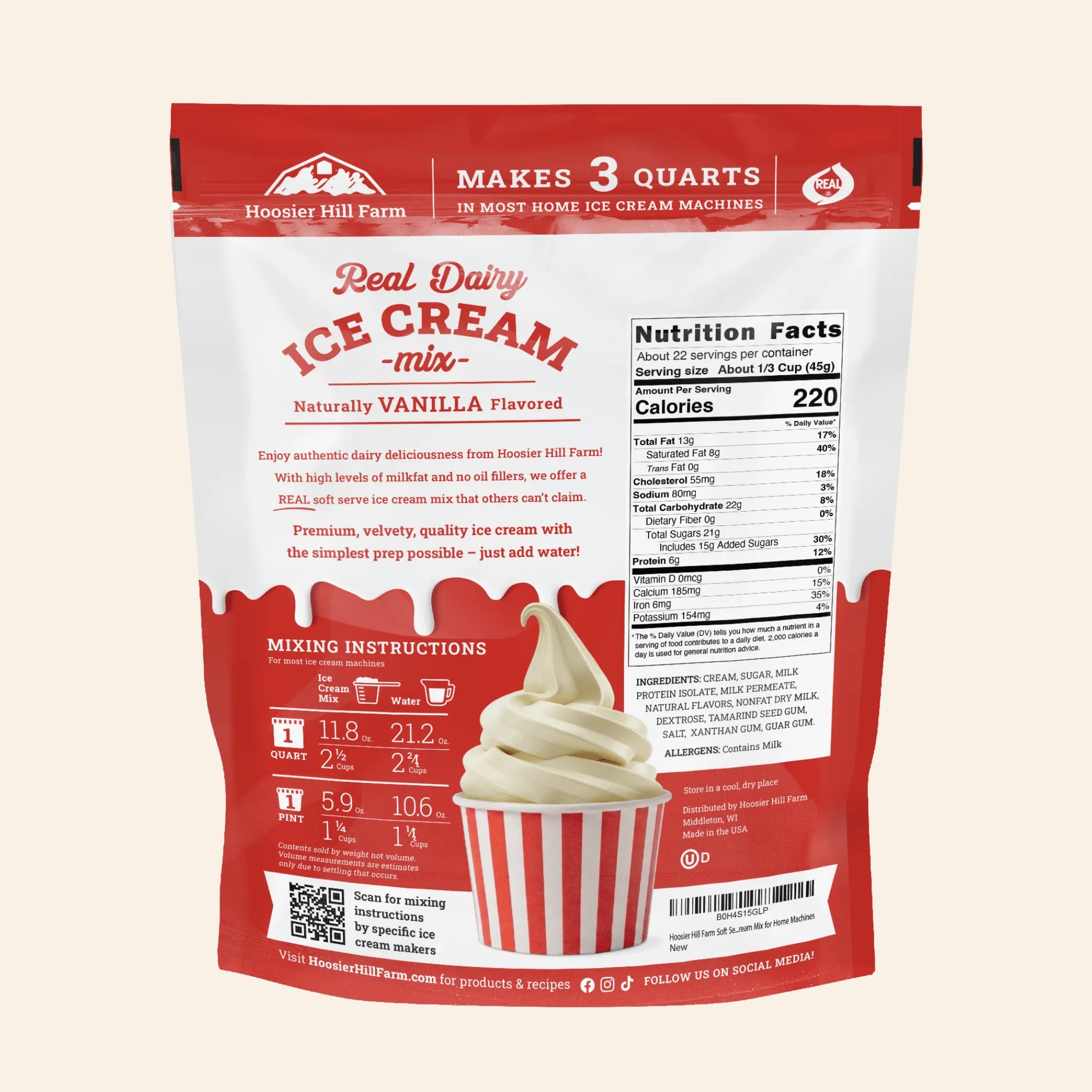 The back of a Hoover Hill Farm Real Dairy Ice Cream mix stand-up pouch, showing product details, nutrition facts, mixing instructions, and a vanilla ice cream swirl graphic on a light beige background.