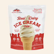 A 35.4 oz bag of Hoosier Hill Farm Real Dairy Vanilla Flavored Ice Cream Mix, featuring a white and red package with a graphic of a vanilla ice cream swirl in a waffle cone.