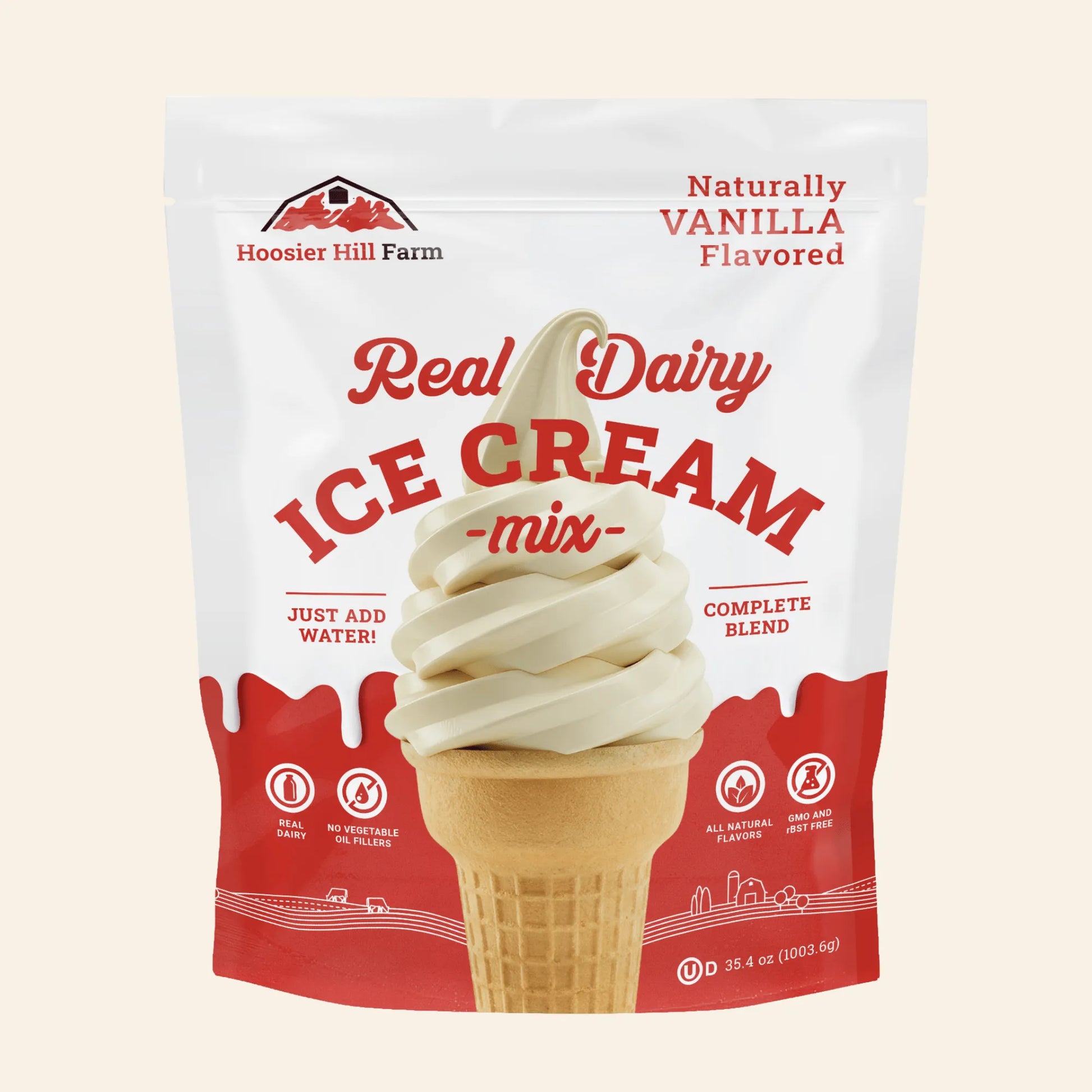 A 35.4 oz bag of Hoosier Hill Farm Real Dairy Vanilla Flavored Ice Cream Mix, featuring a white and red package with a graphic of a vanilla ice cream swirl in a waffle cone.
