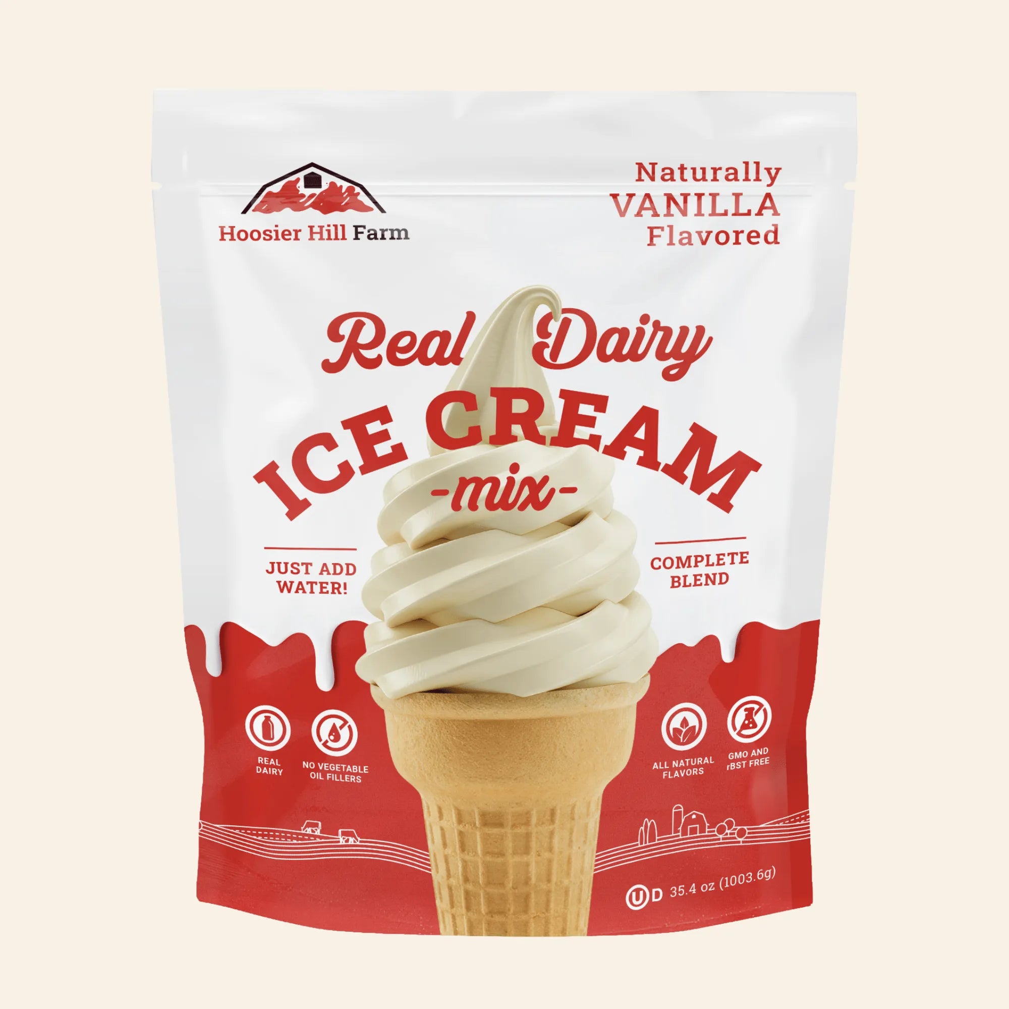 A 35.4 oz bag of Hoosier Hill Farm Real Dairy Vanilla Flavored Ice Cream Mix, featuring a white and red package with a graphic of a vanilla ice cream swirl in a waffle cone.