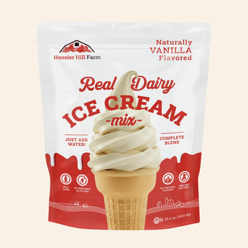 A 35.4 oz bag of Hoosier Hill Farm Real Dairy Vanilla Flavored Ice Cream Mix, featuring a white and red package with a graphic of a vanilla ice cream swirl in a waffle cone.