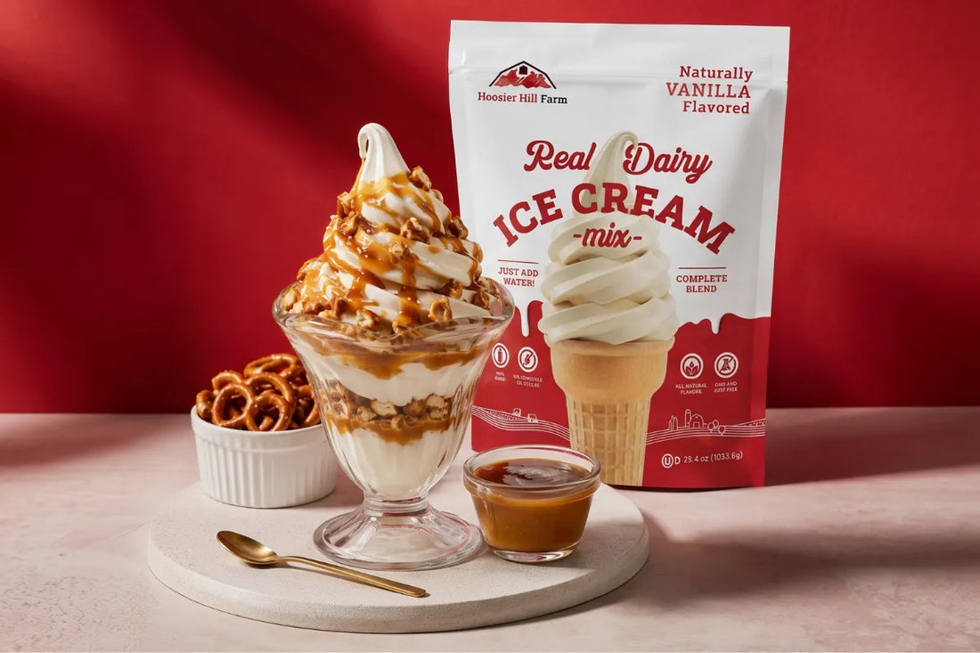 A salted caramel pretzel sundae made with Hoosier Hill Farm vanilla ice cream, caramel, and crushed pretzels